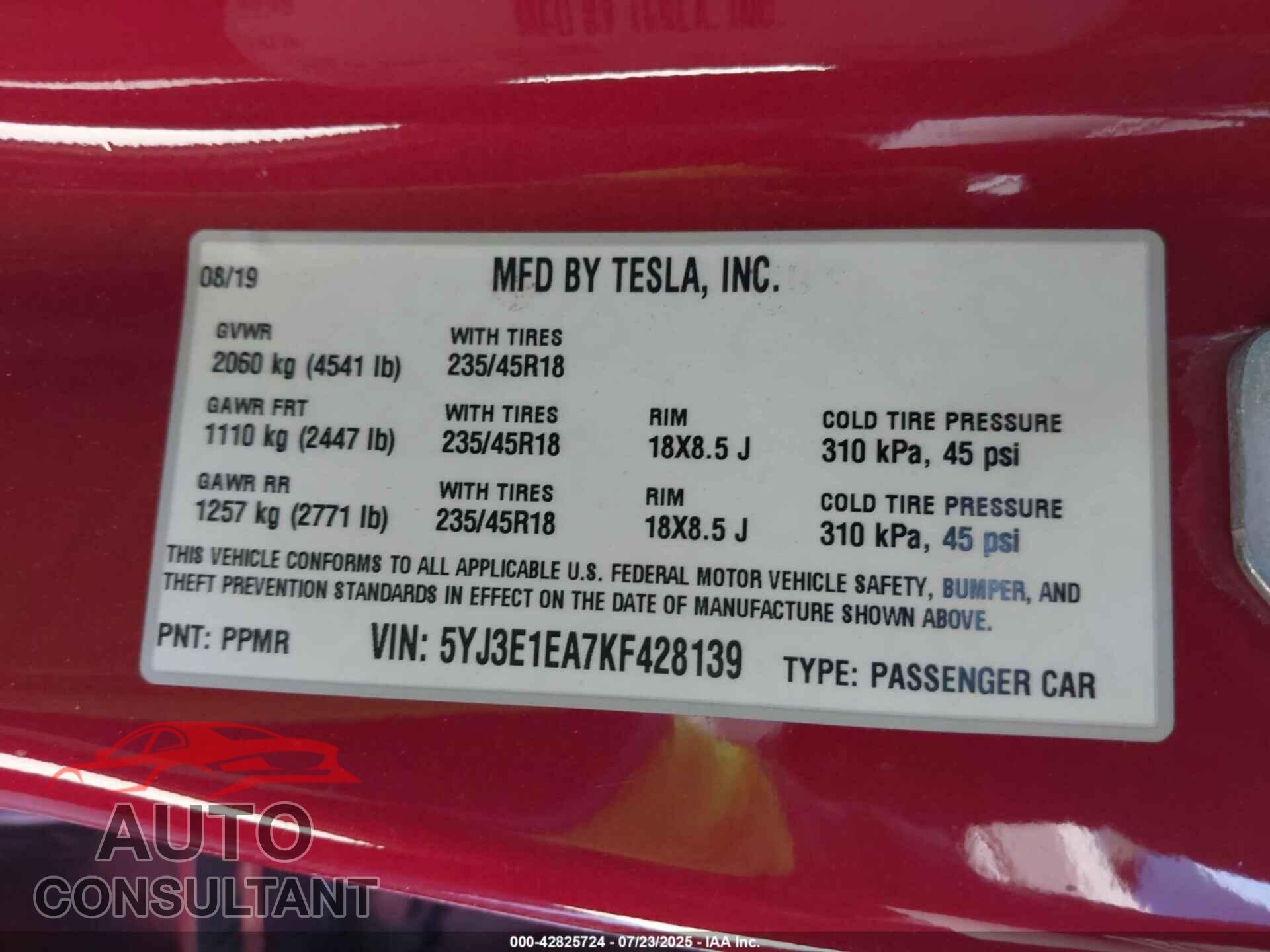 TESLA MODEL 3 2019 - 5YJ3E1EA7KF428139