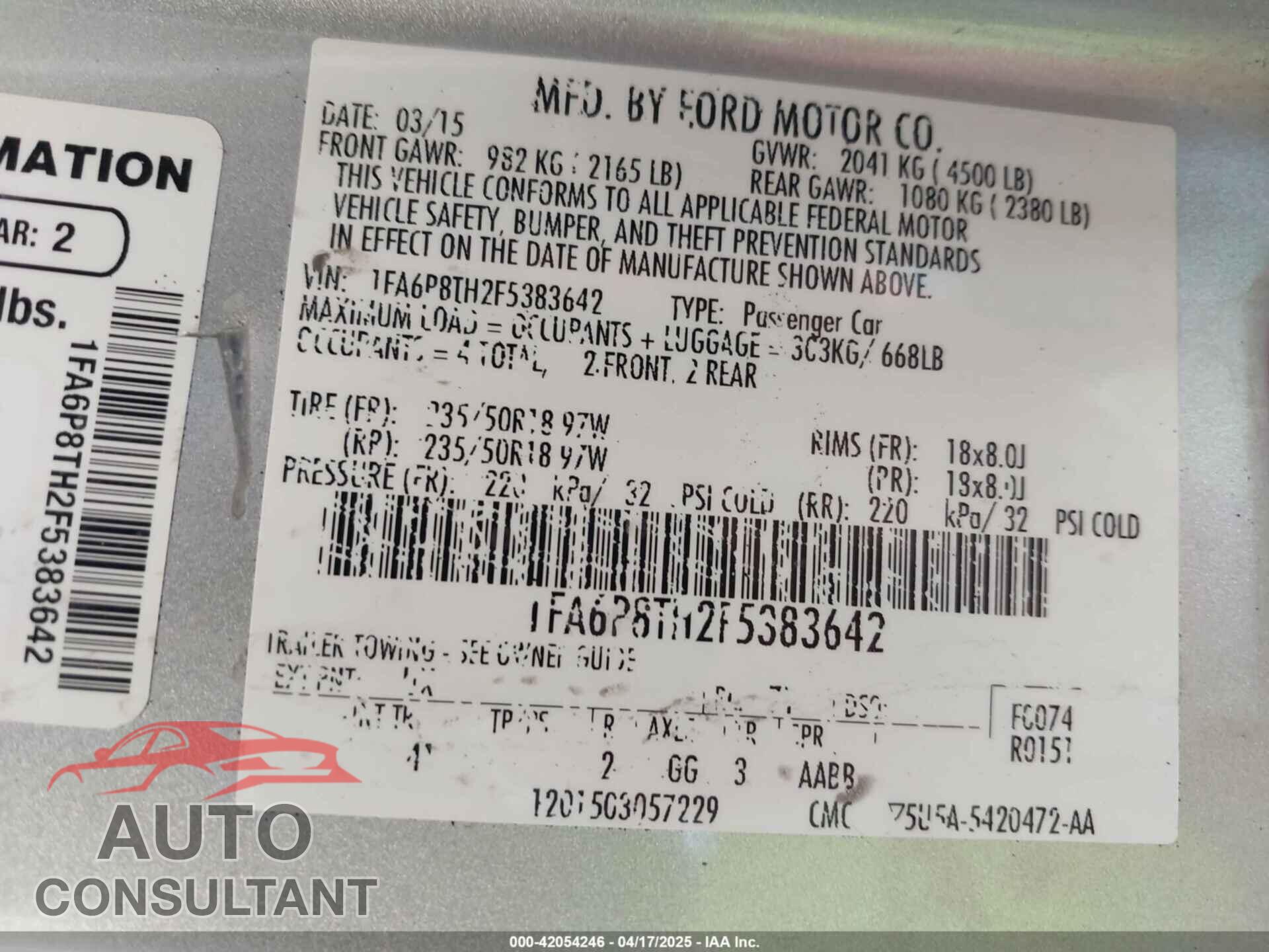 FORD MUSTANG 2015 - 1FA6P8TH2F5383642