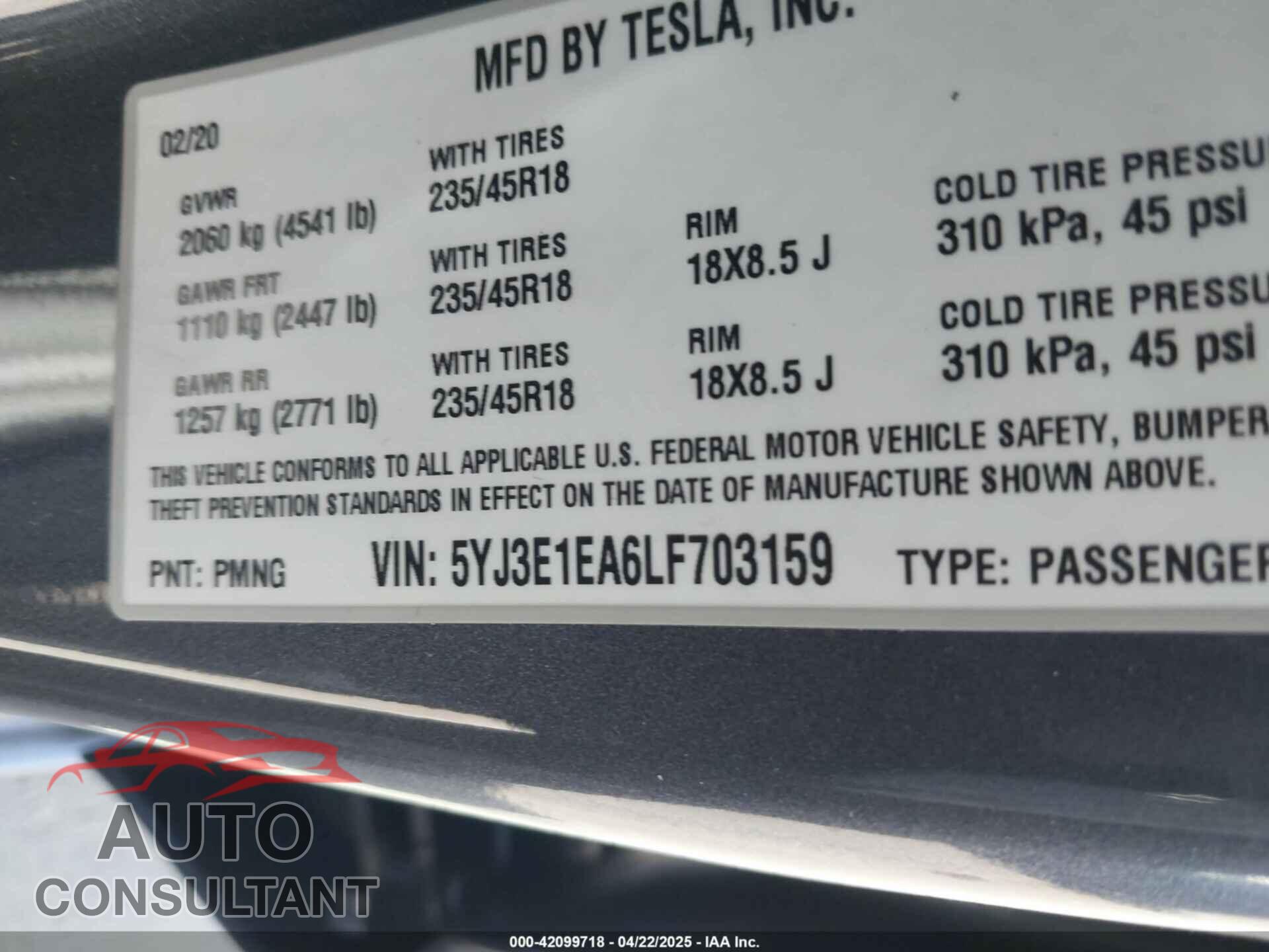 TESLA MODEL 3 2020 - 5YJ3E1EA6LF703159