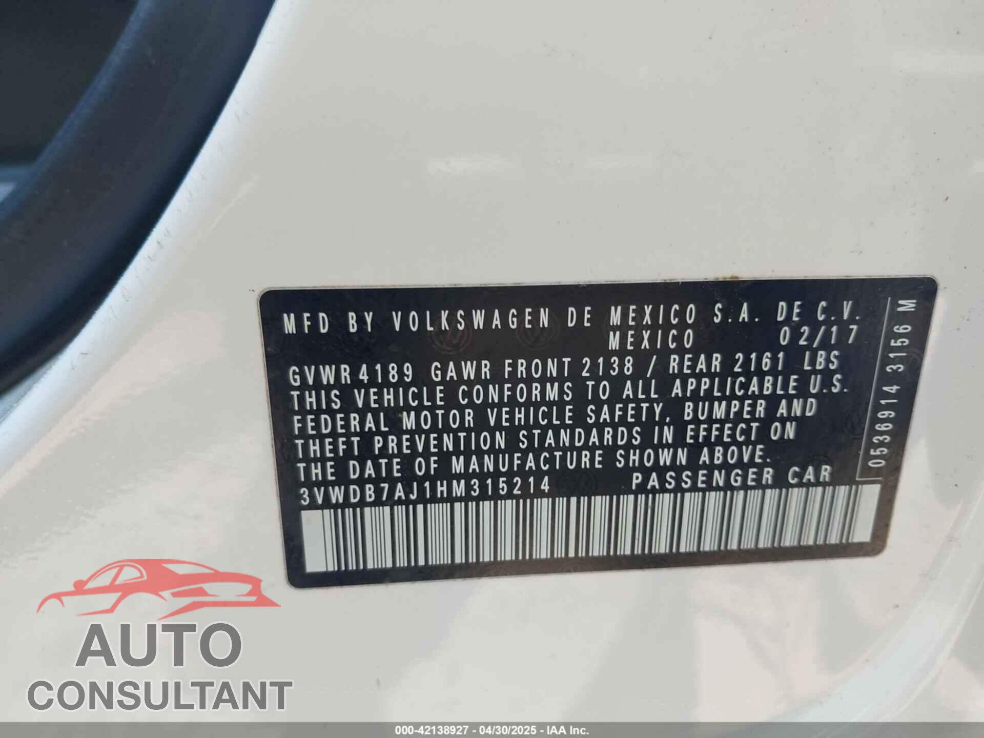 VOLKSWAGEN JETTA 2017 - 3VWDB7AJ1HM315214