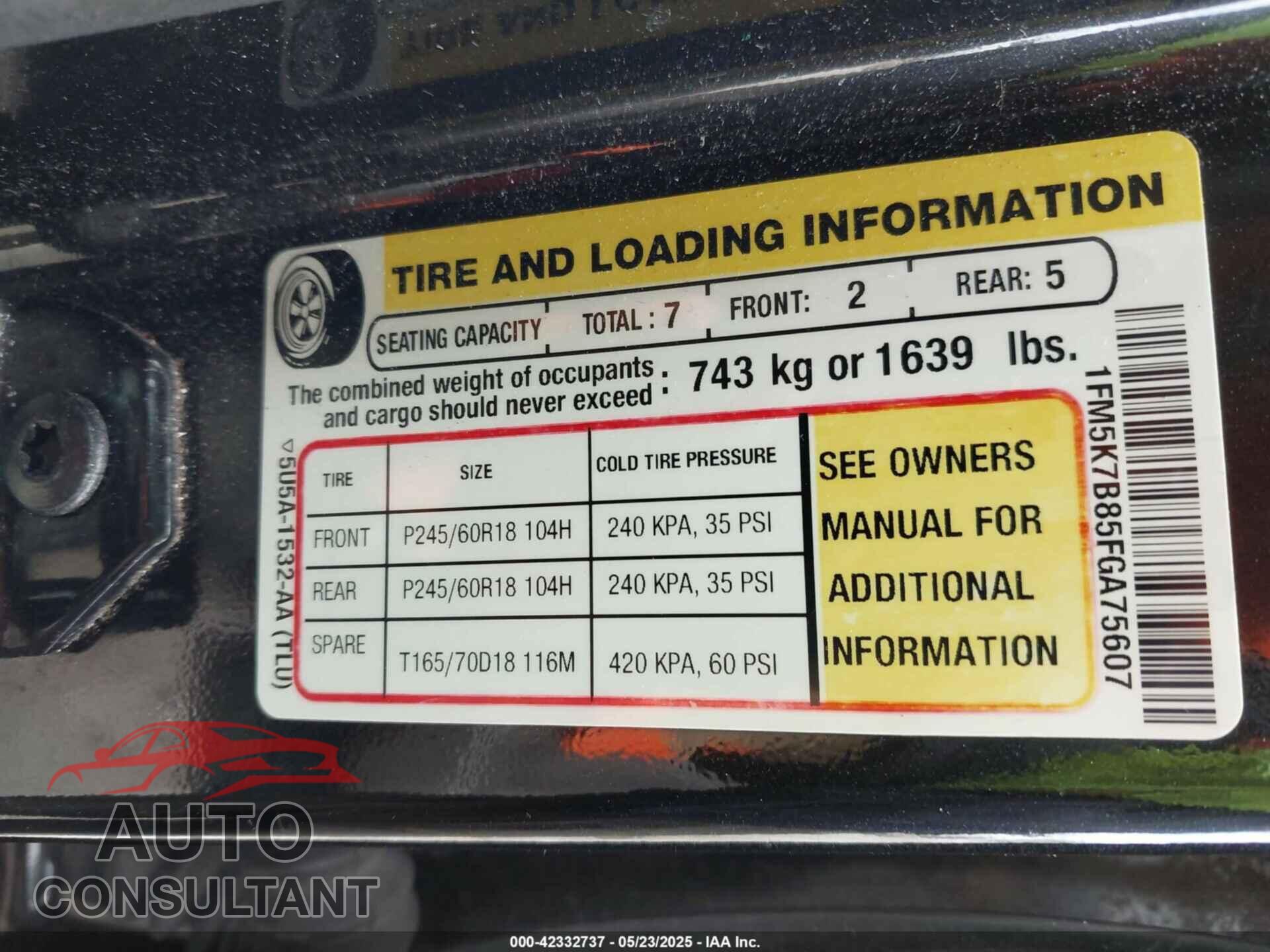 FORD EXPLORER 2015 - 1FM5K7B85FGA75607