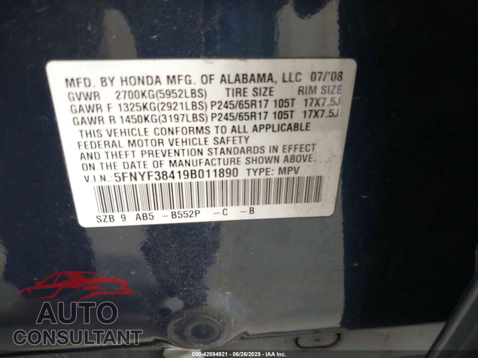 HONDA PILOT 2009 - 5FNYF38419B011890