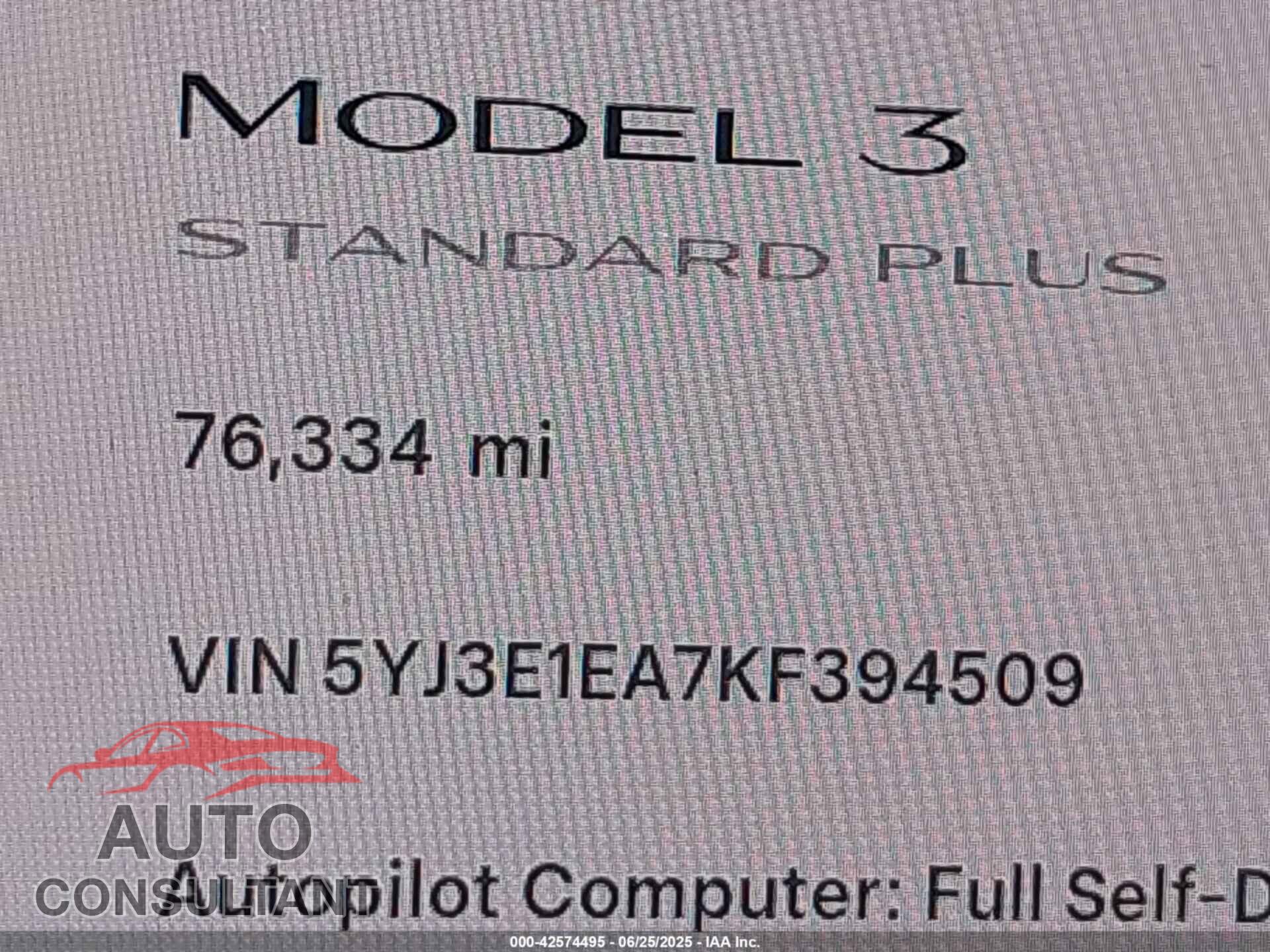 TESLA MODEL 3 2019 - 5YJ3E1EA7KF394509