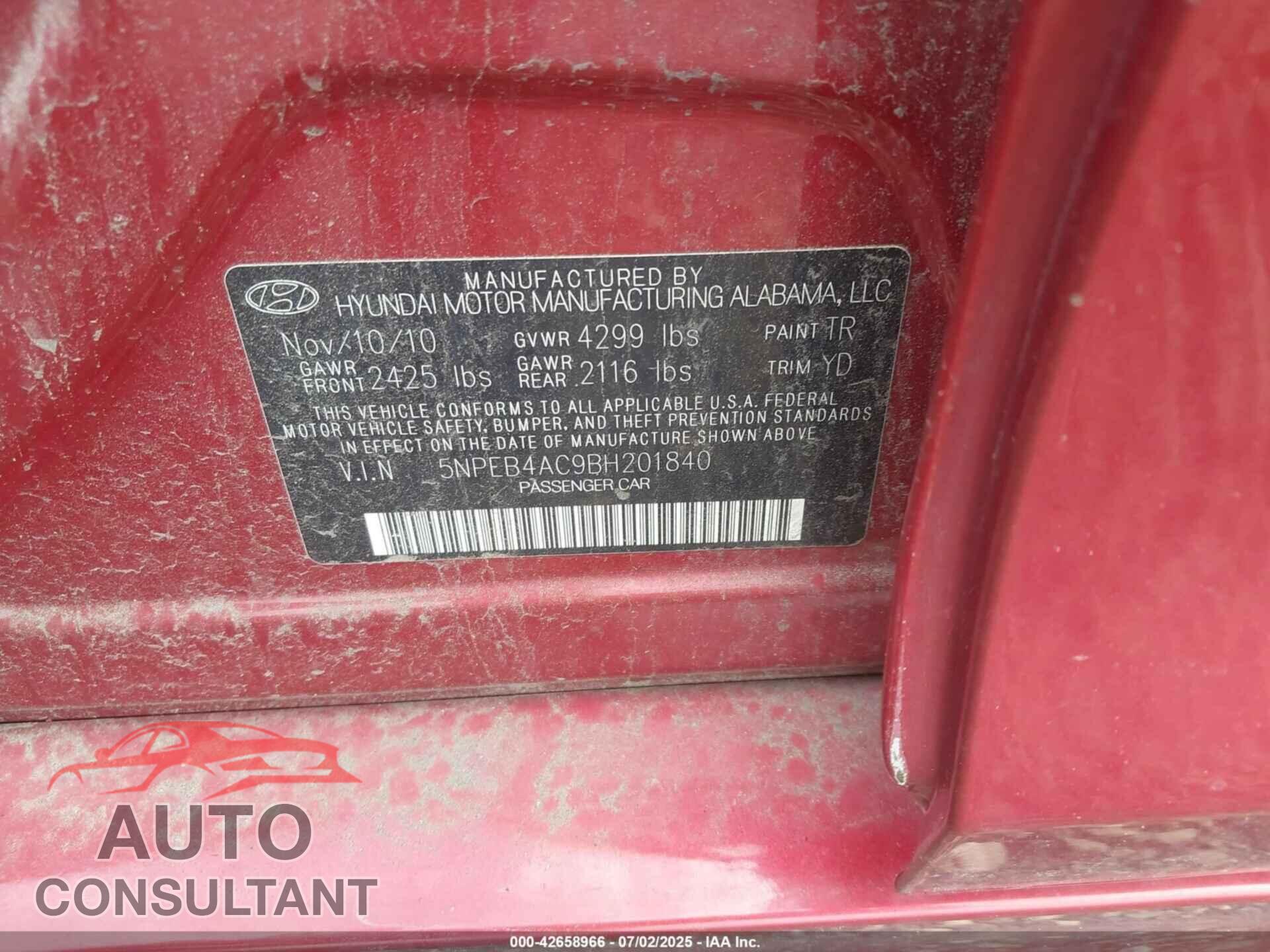 HYUNDAI SONATA 2011 - 5NPEB4AC9BH201840