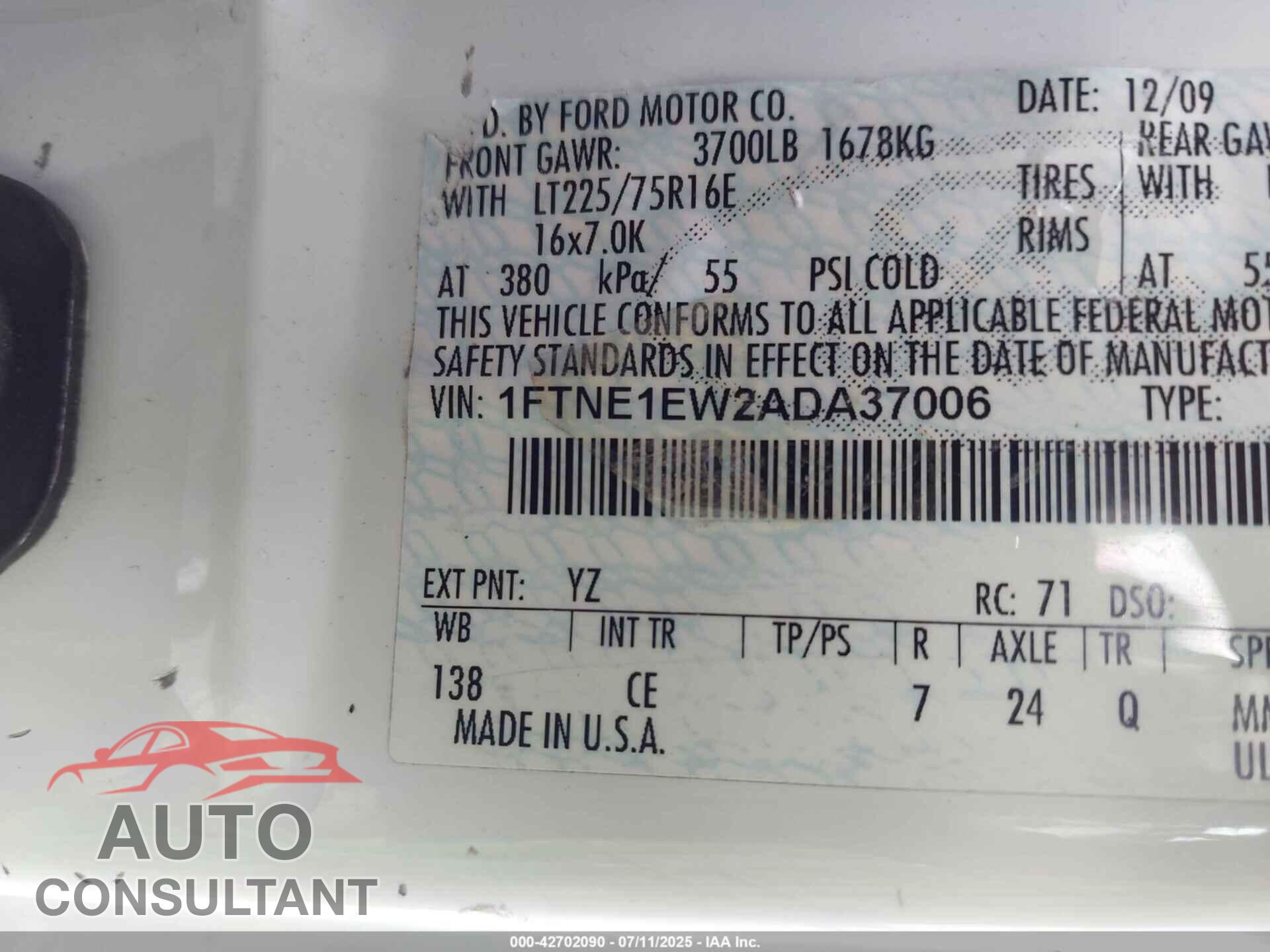 FORD E-150 2010 - 1FTNE1EW2ADA37006