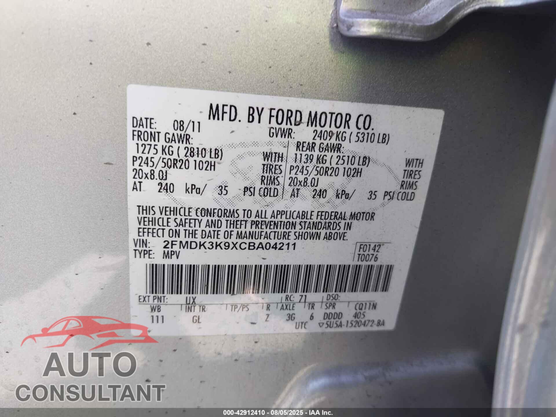 FORD EDGE 2012 - 2FMDK3K9XCBA04211