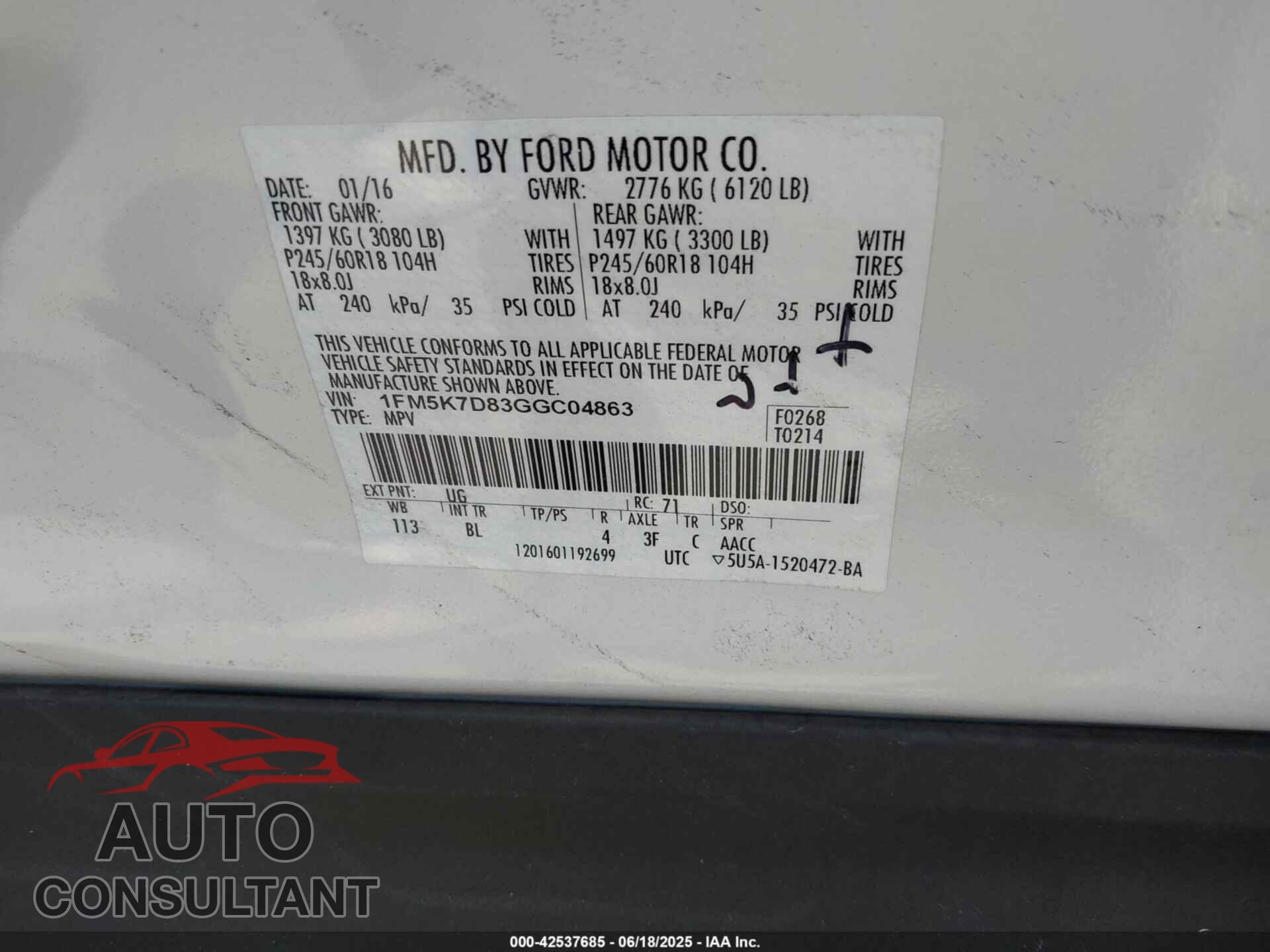 FORD EXPLORER 2016 - 1FM5K7D83GGC04863