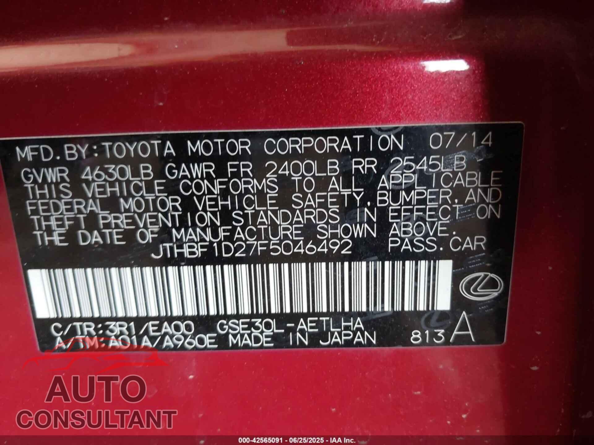 LEXUS IS 250 2015 - JTHBF1D27F5046492