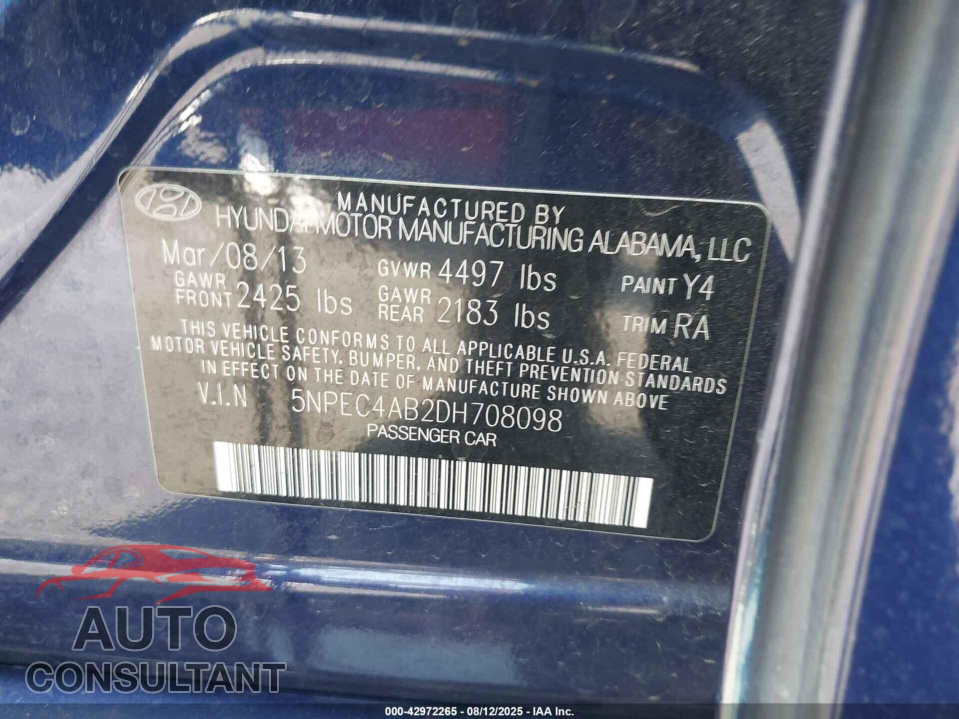 HYUNDAI SONATA 2013 - 5NPEC4AB2DH708098