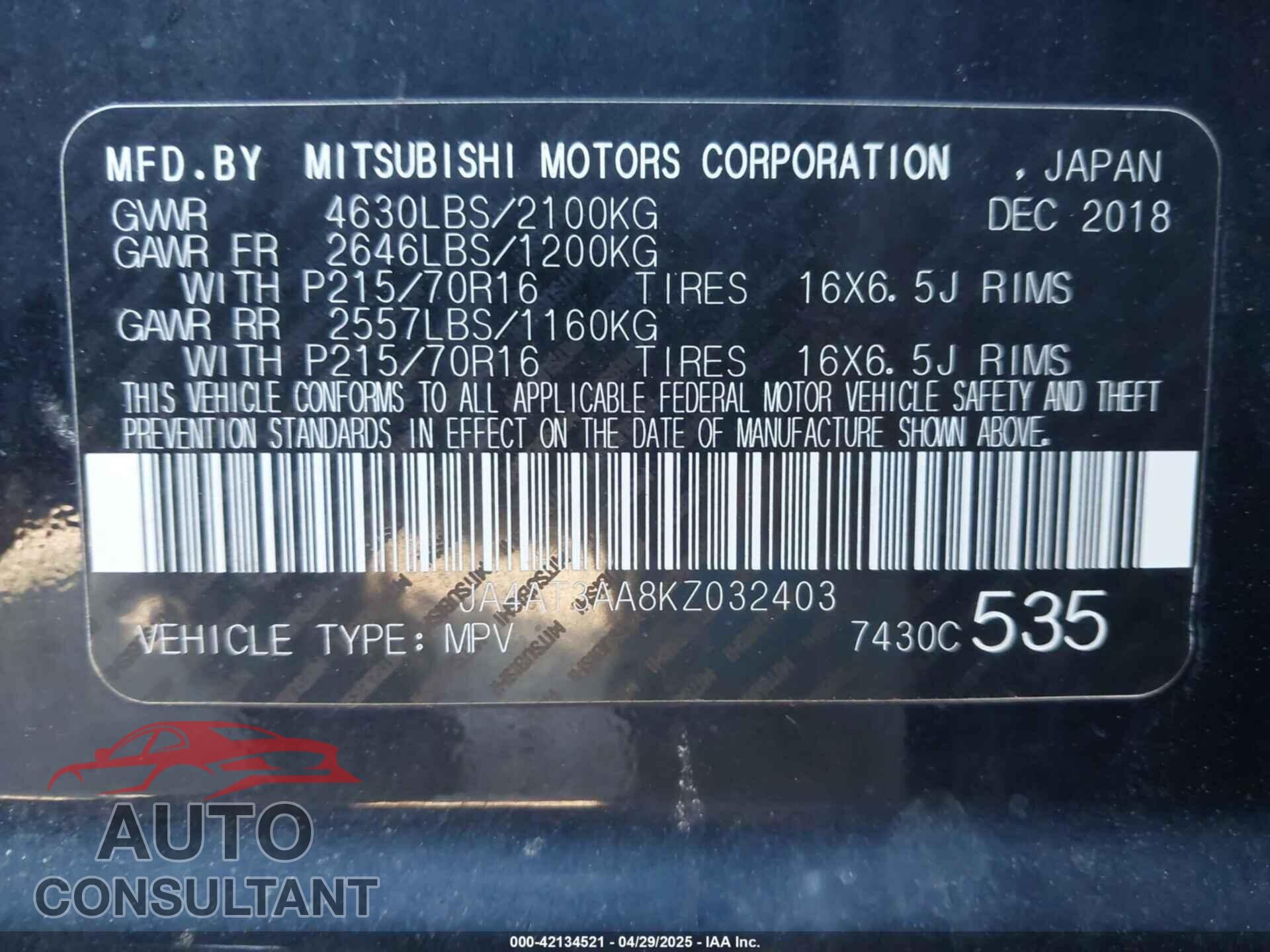 MITSUBISHI ECLIPSE CROSS 2019 - JA4AT3AA8KZ032403