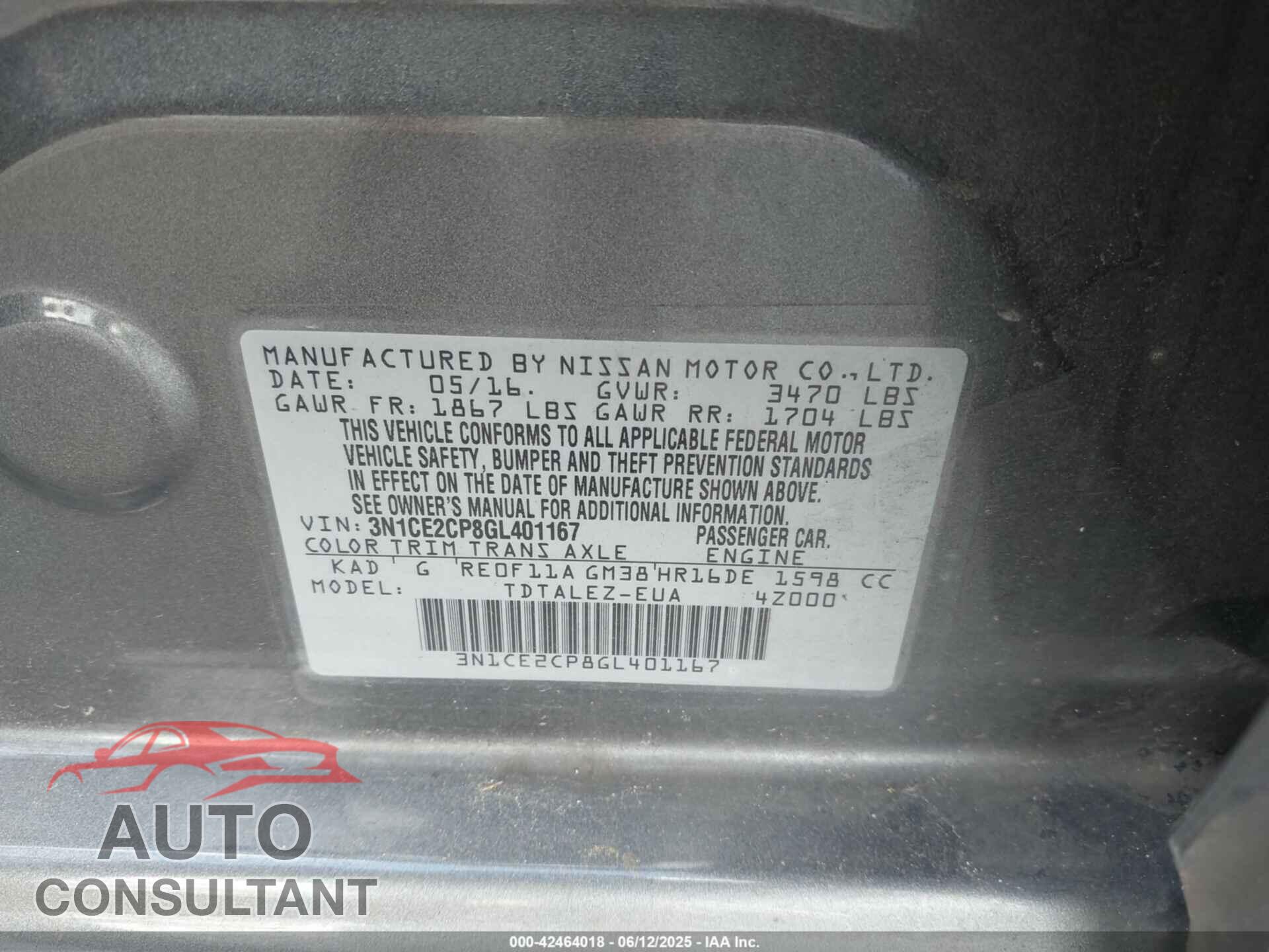 NISSAN VERSA NOTE 2016 - 3N1CE2CP8GL401167