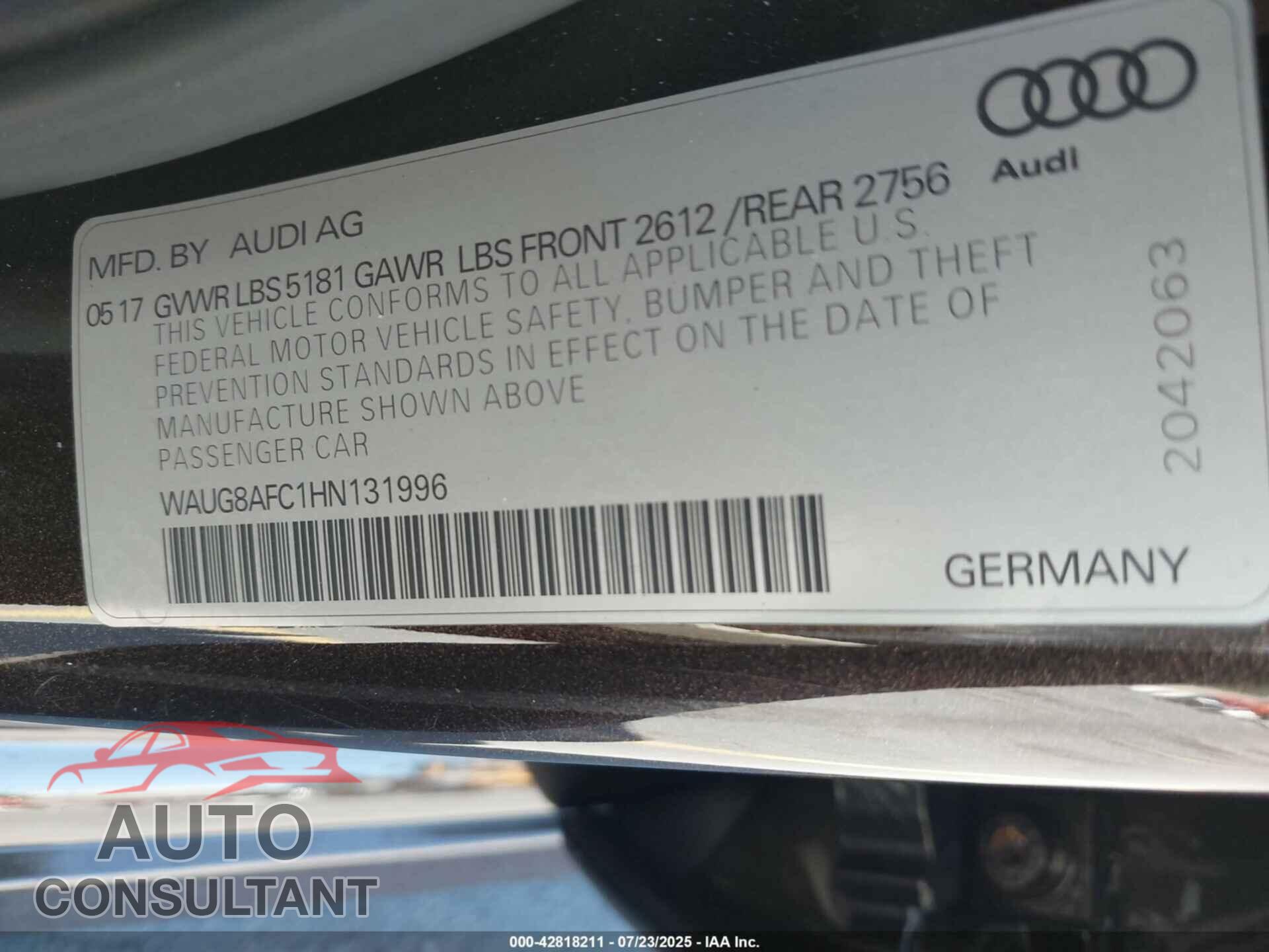 AUDI A6 2017 - WAUG8AFC1HN131996