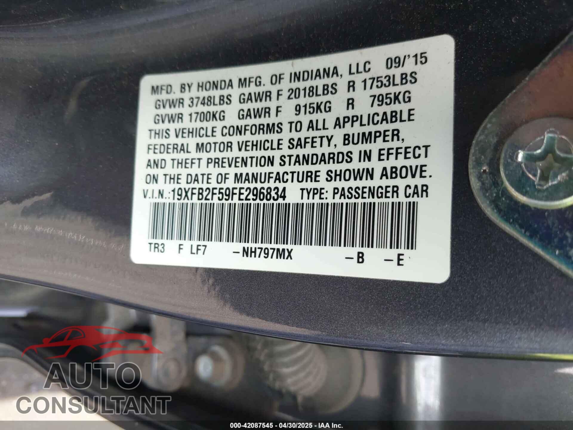 HONDA CIVIC 2015 - 19XFB2F59FE296834