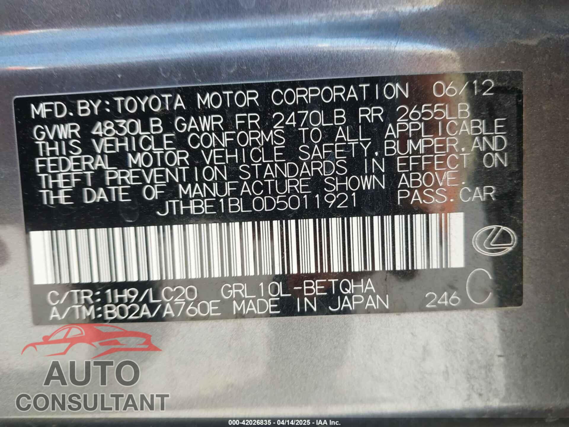 LEXUS GS 350 2013 - JTHBE1BL0D5011921