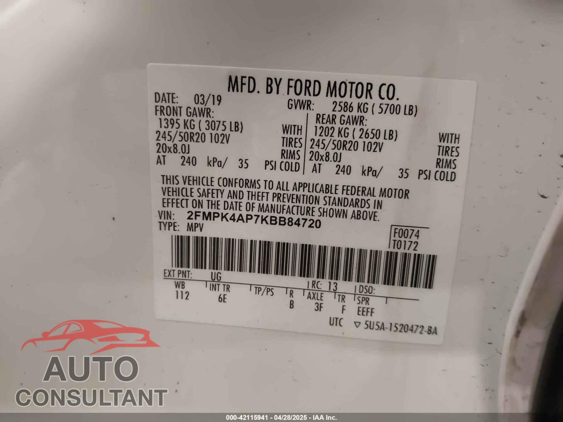 FORD EDGE 2019 - 2FMPK4AP7KBB84720