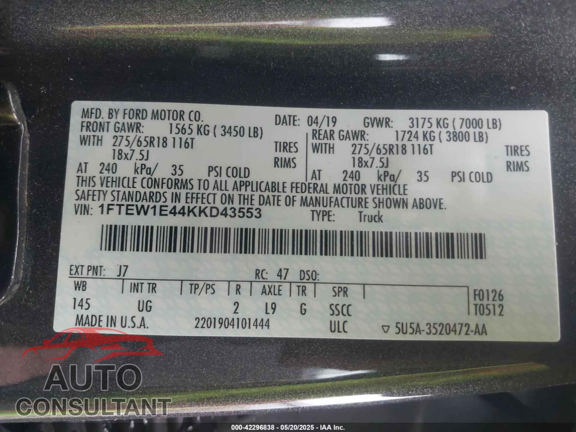 FORD F-150 2019 - 1FTEW1E44KKD43553