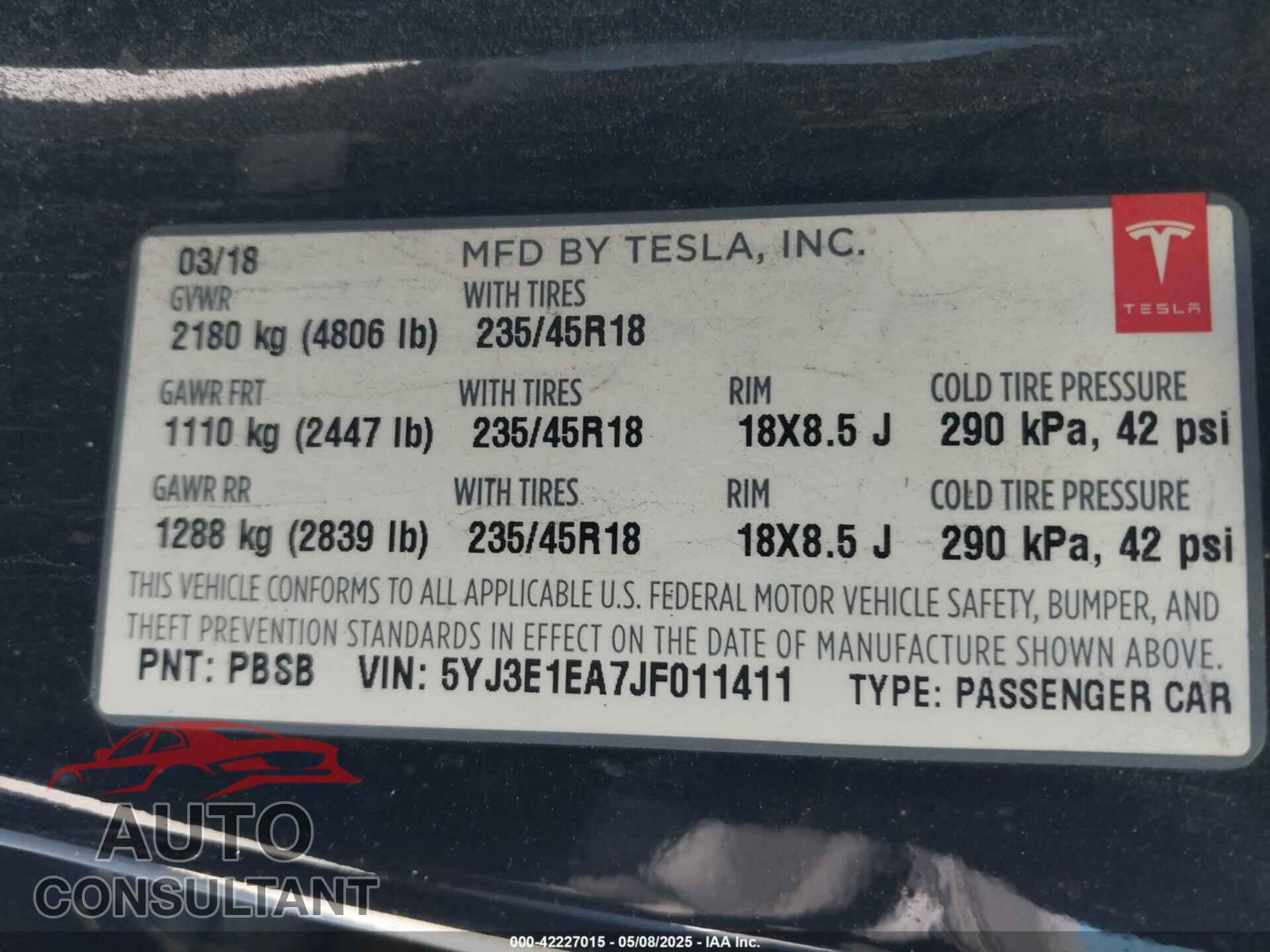 TESLA MODEL 3 2018 - 5YJ3E1EA7JF011411