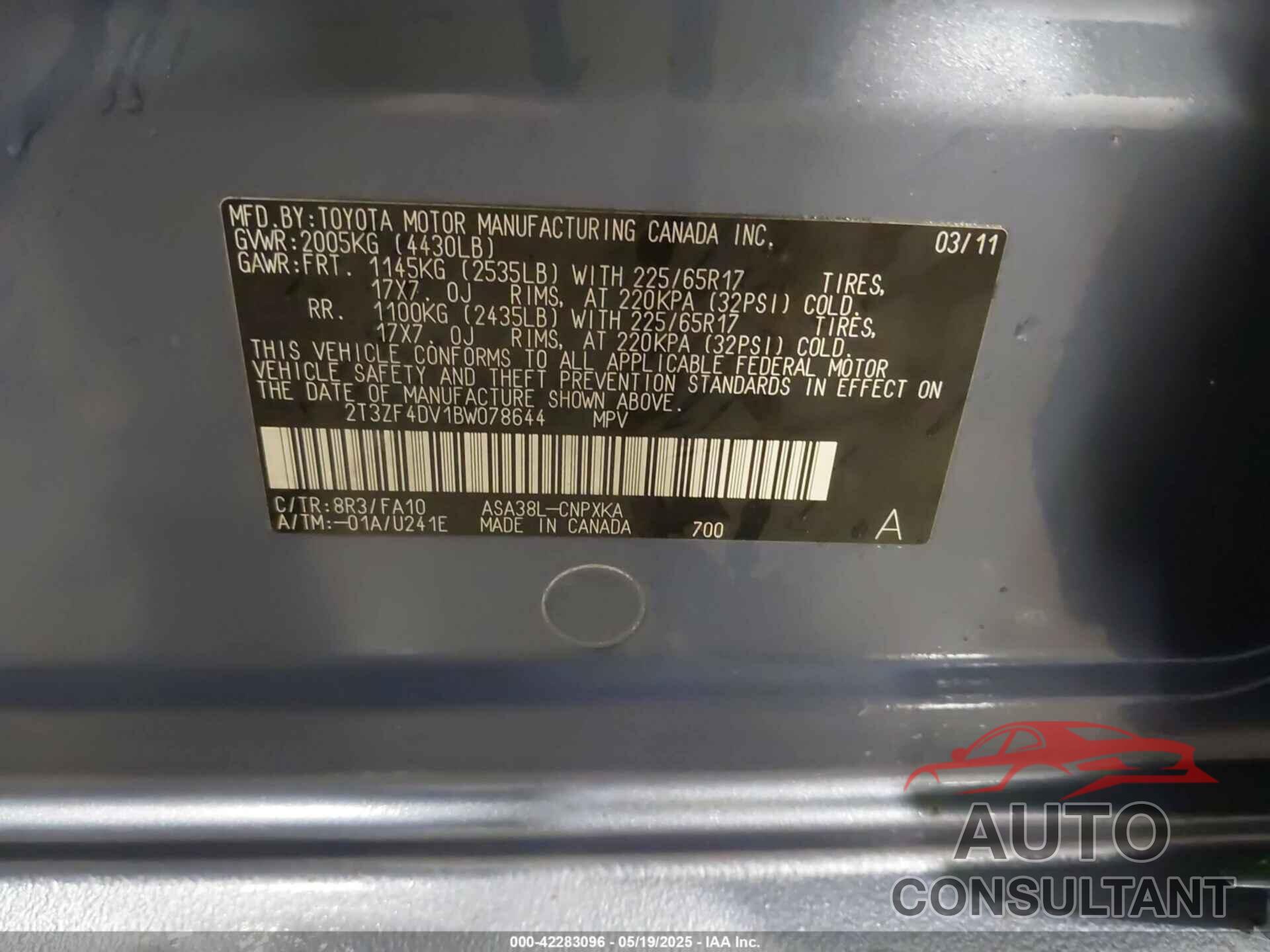 TOYOTA RAV4 2011 - 2T3ZF4DV1BW078644