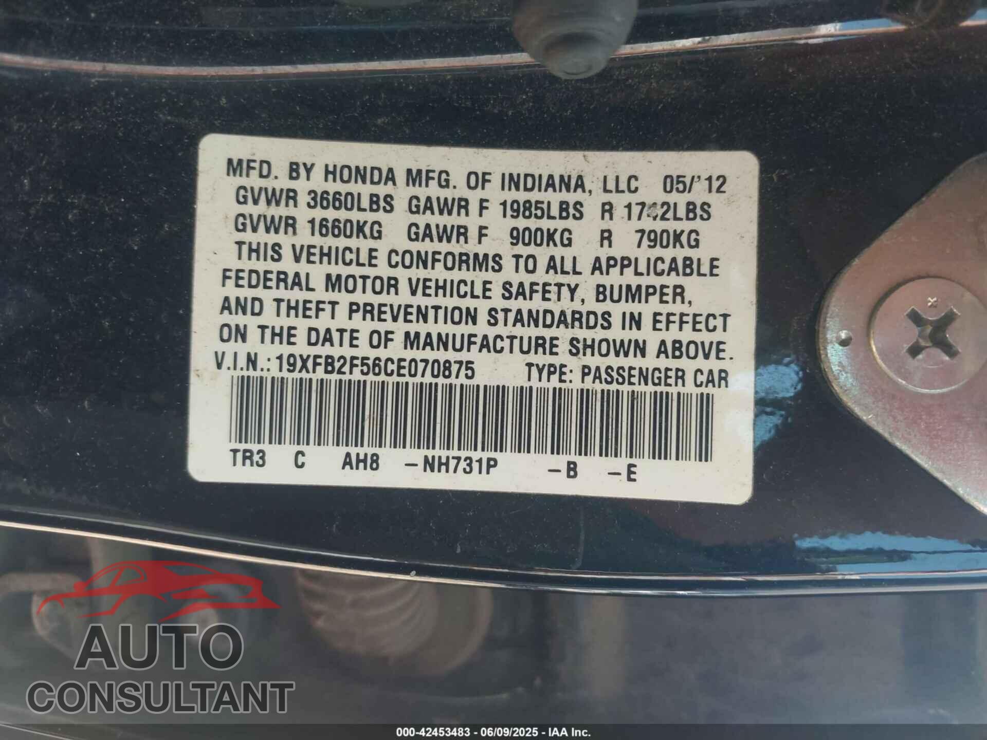 HONDA CIVIC 2012 - 19XFB2F56CE070875