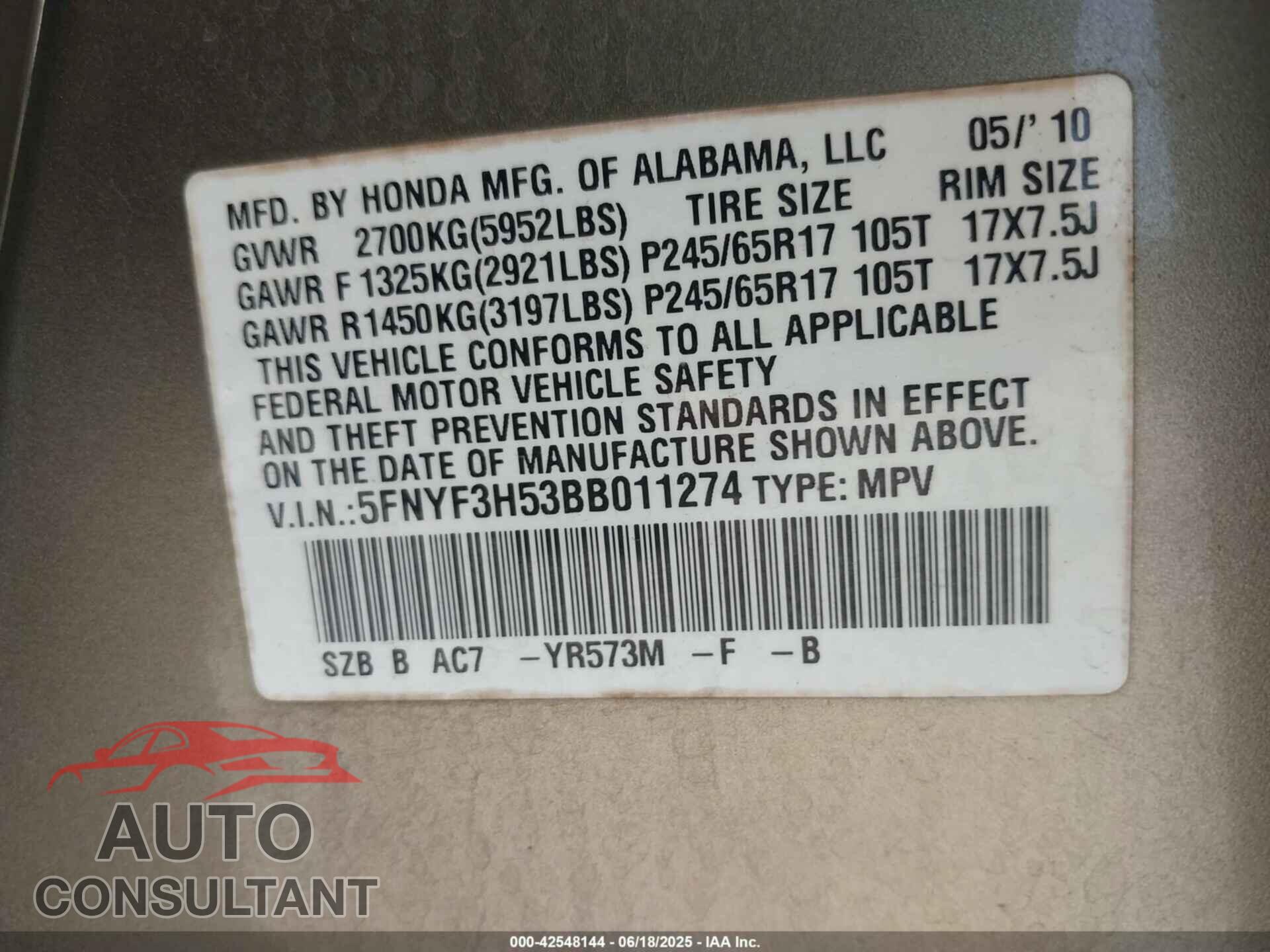 HONDA PILOT 2011 - 5FNYF3H53BB011274