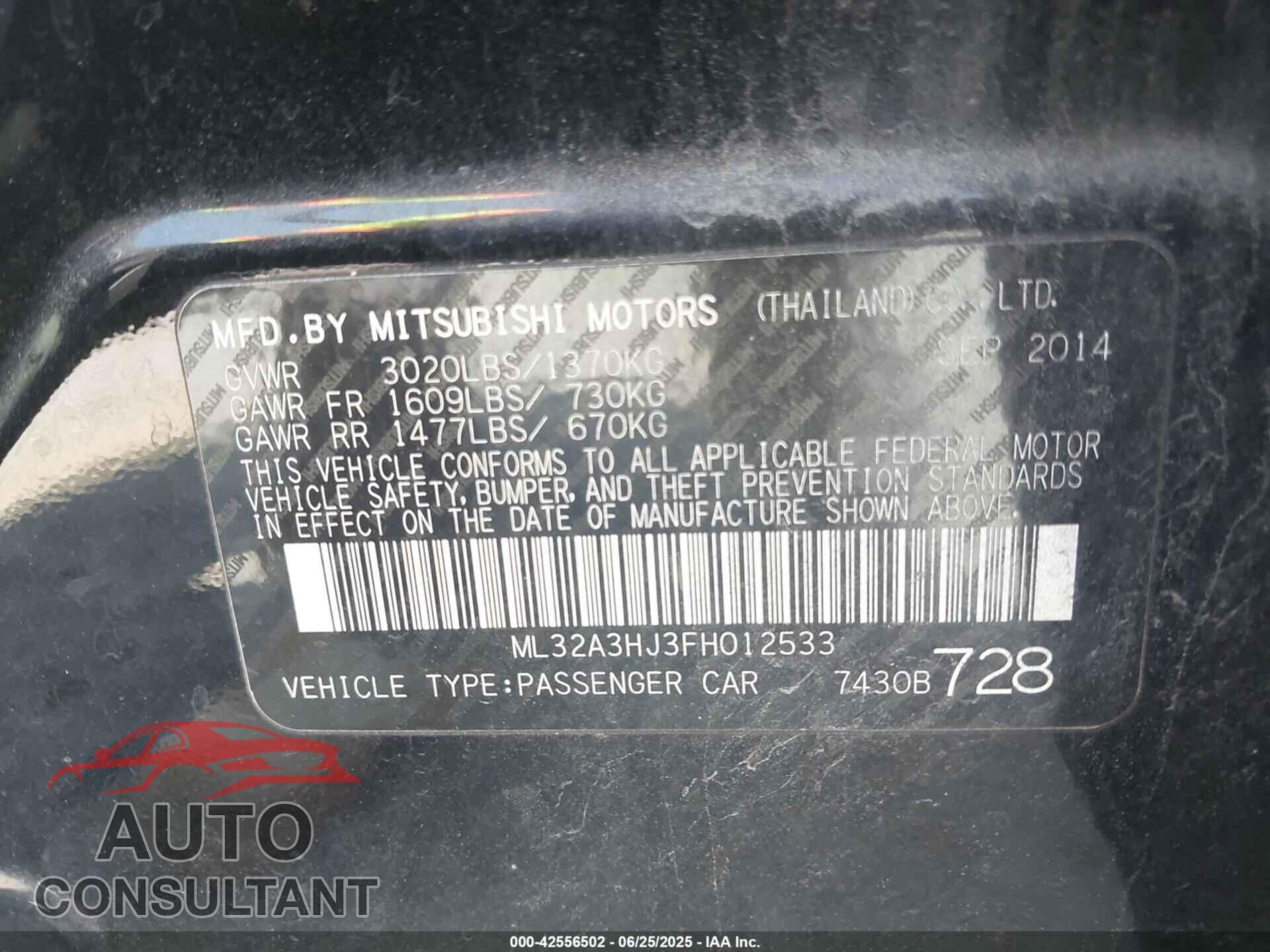 MITSUBISHI MIRAGE 2015 - ML32A3HJ3FH012533
