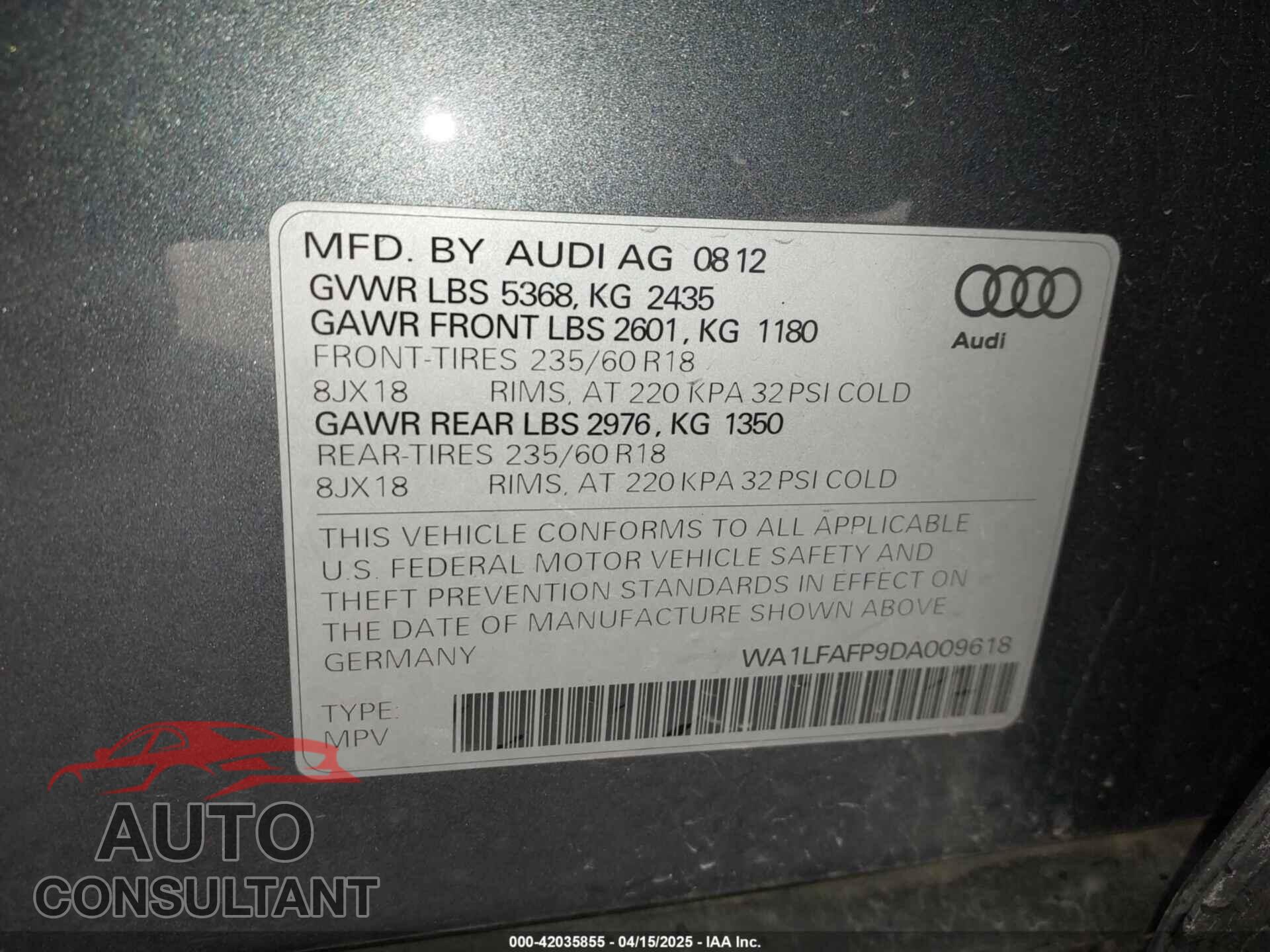 AUDI Q5 2013 - WA1LFAFP9DA009618