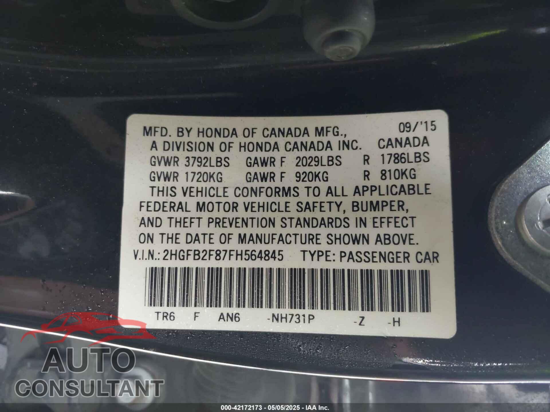 HONDA CIVIC 2015 - 2HGFB2F87FH564845
