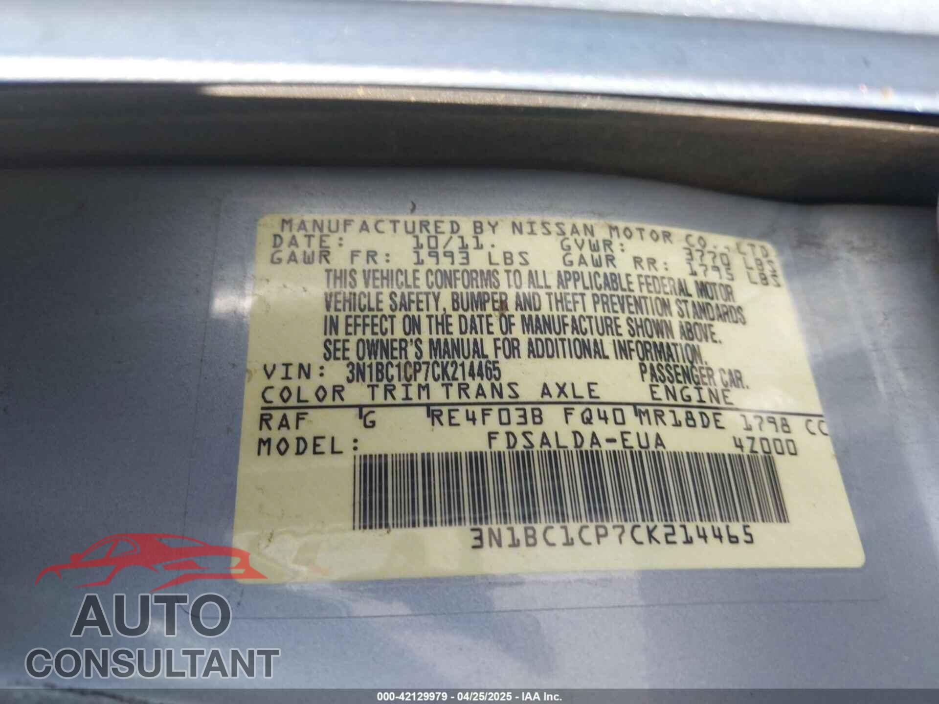 NISSAN VERSA 2012 - 3N1BC1CP7CK214465
