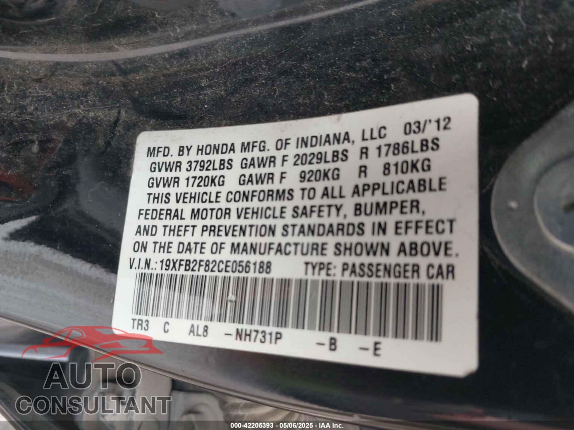 HONDA CIVIC 2012 - 19XFB2F82CE056188