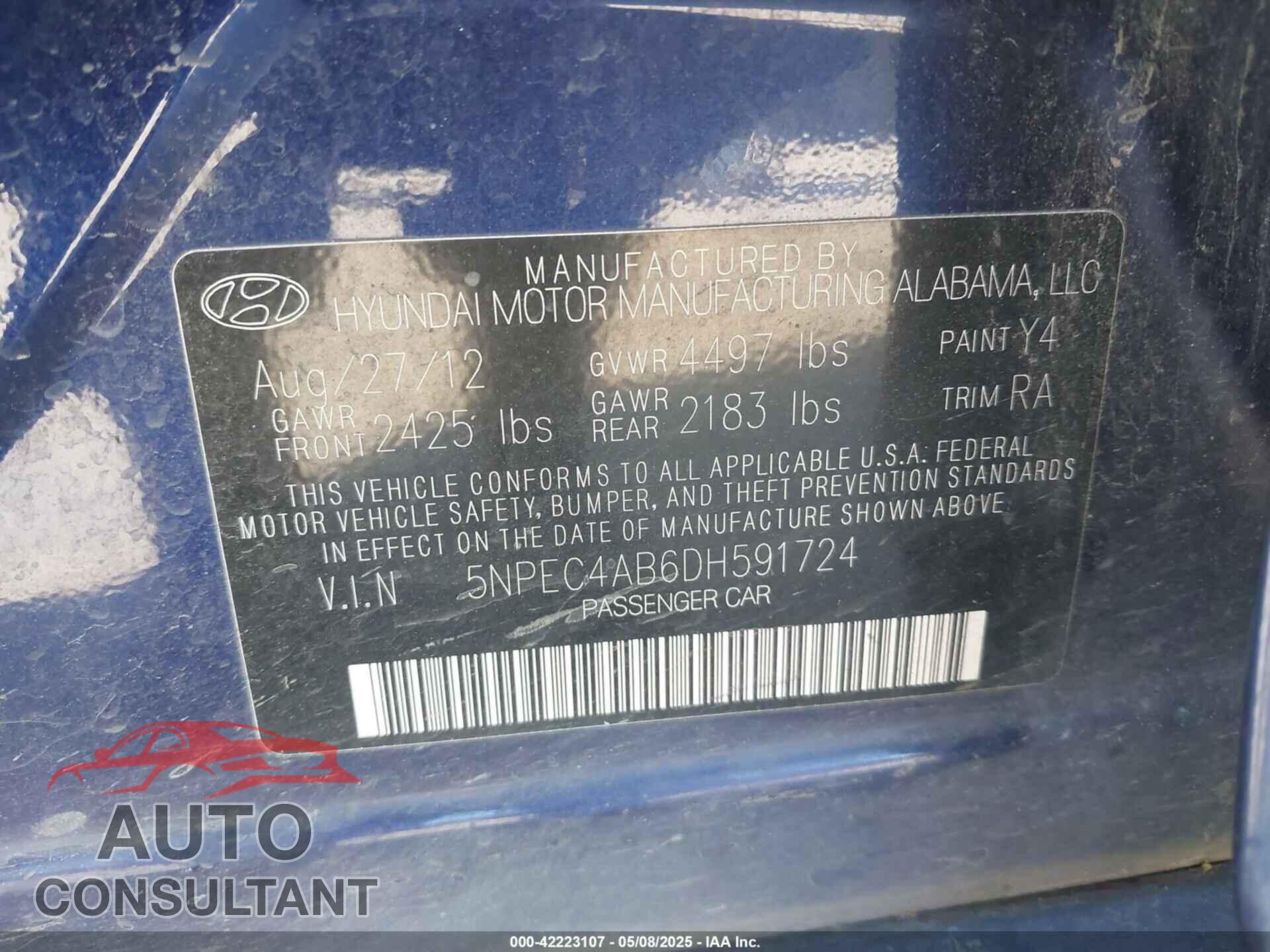 HYUNDAI SONATA 2013 - 5NPEC4AB6DH591724