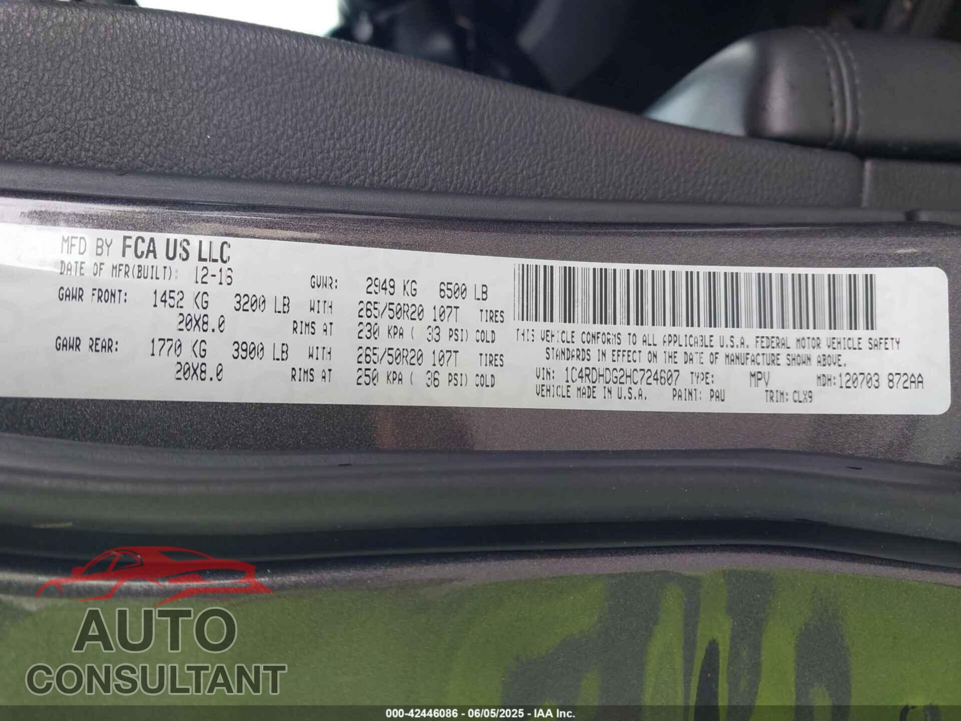 DODGE DURANGO 2017 - 1C4RDHDG2HC724607
