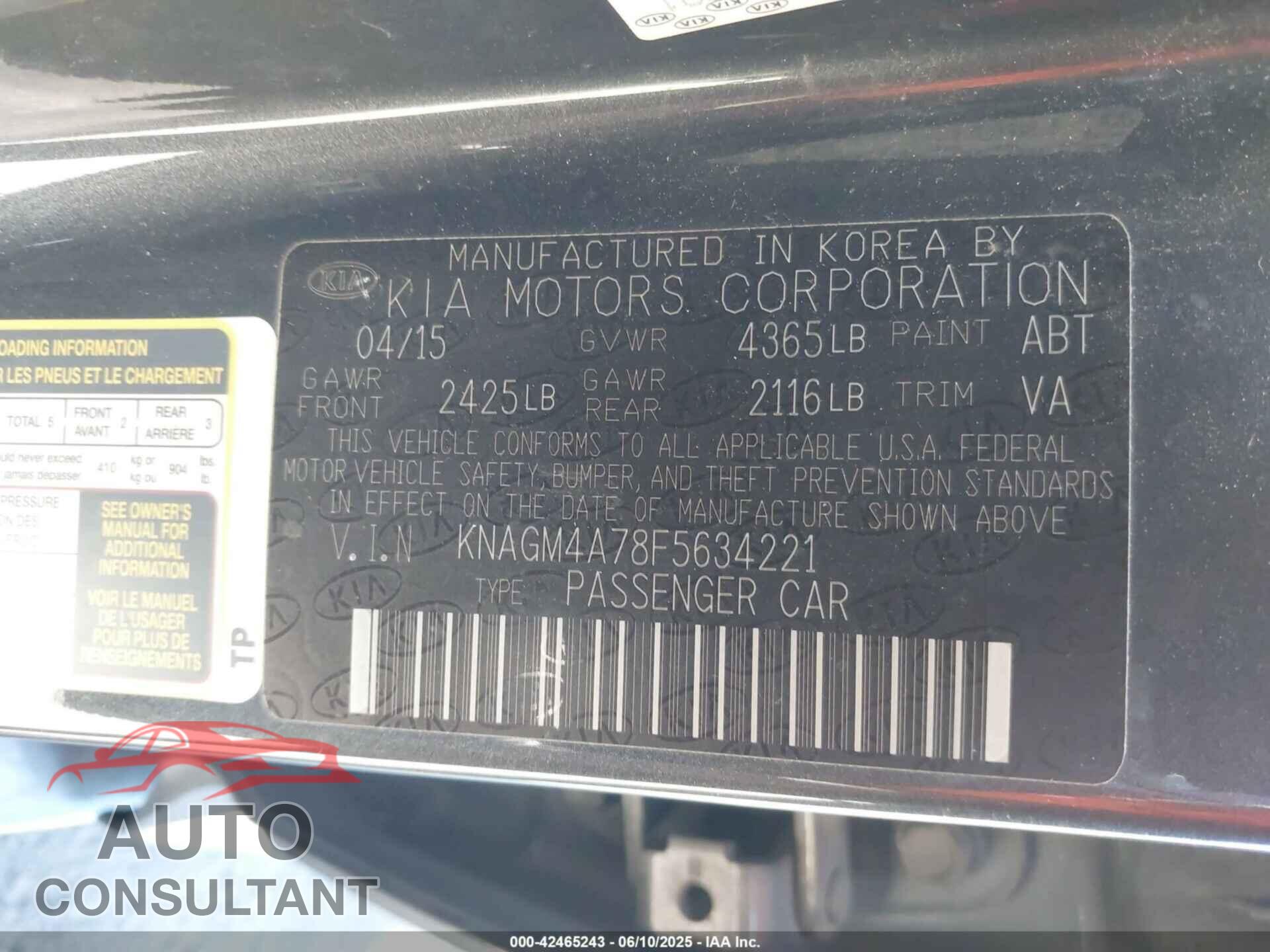 KIA OPTIMA 2015 - KNAGM4A78F5634221