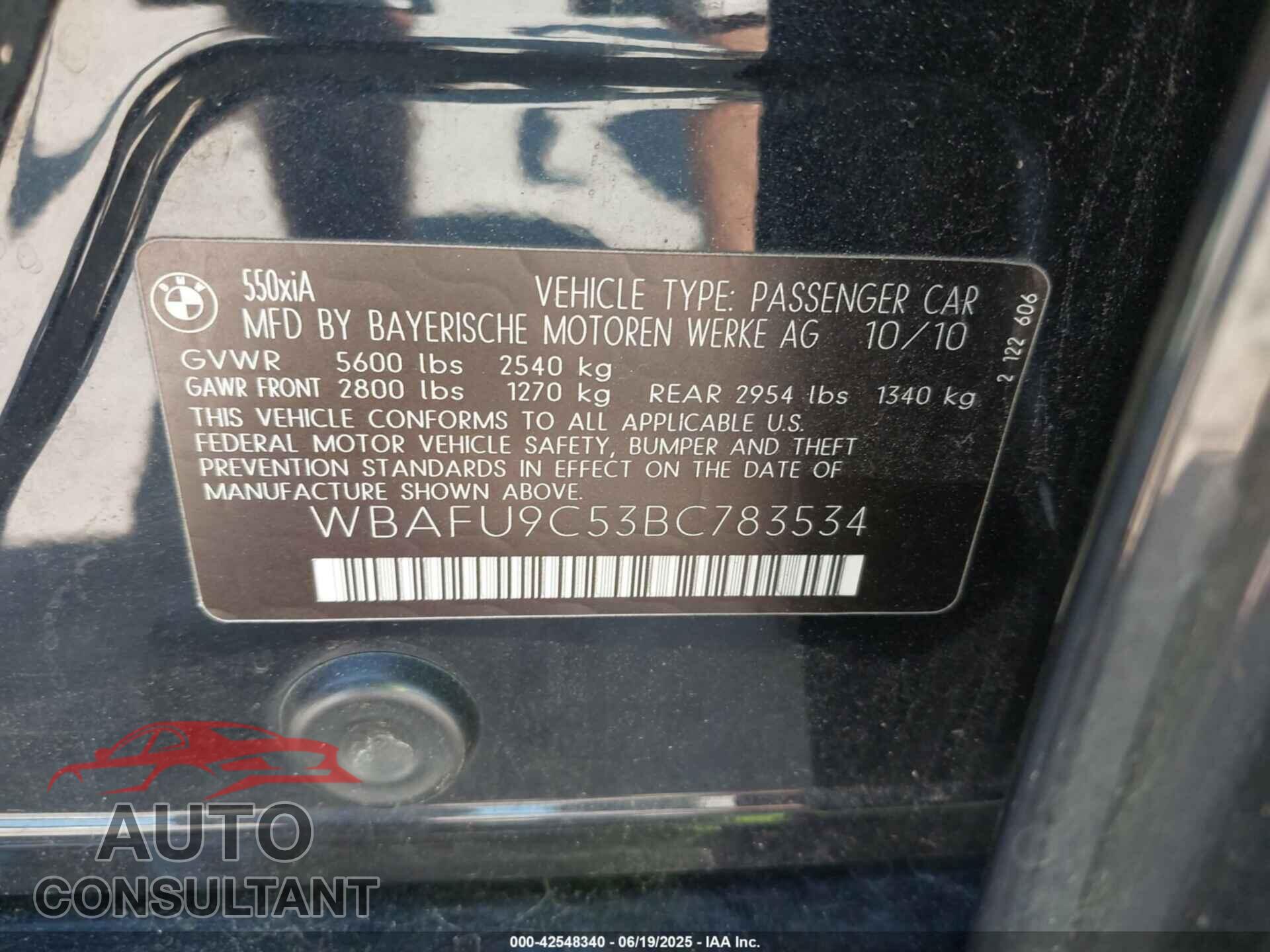 BMW 550I 2011 - WBAFU9C53BC783534