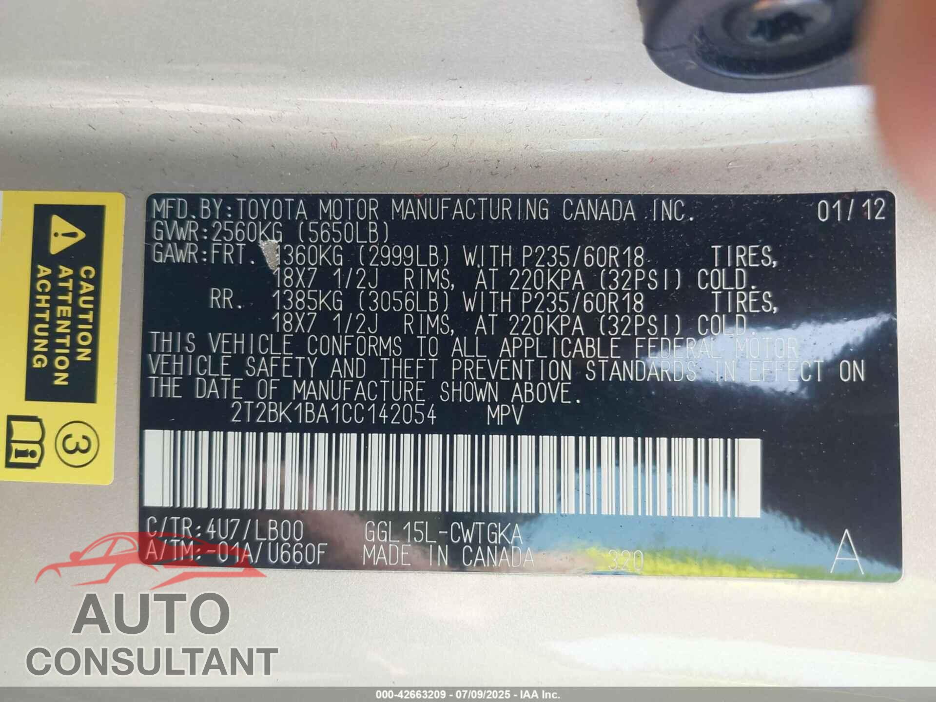 LEXUS RX 350 2012 - 2T2BK1BA1CC142054