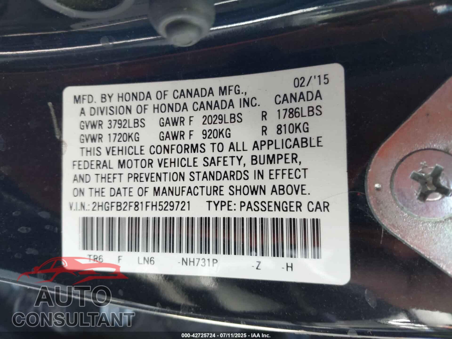 HONDA CIVIC 2015 - 2HGFB2F81FH529721