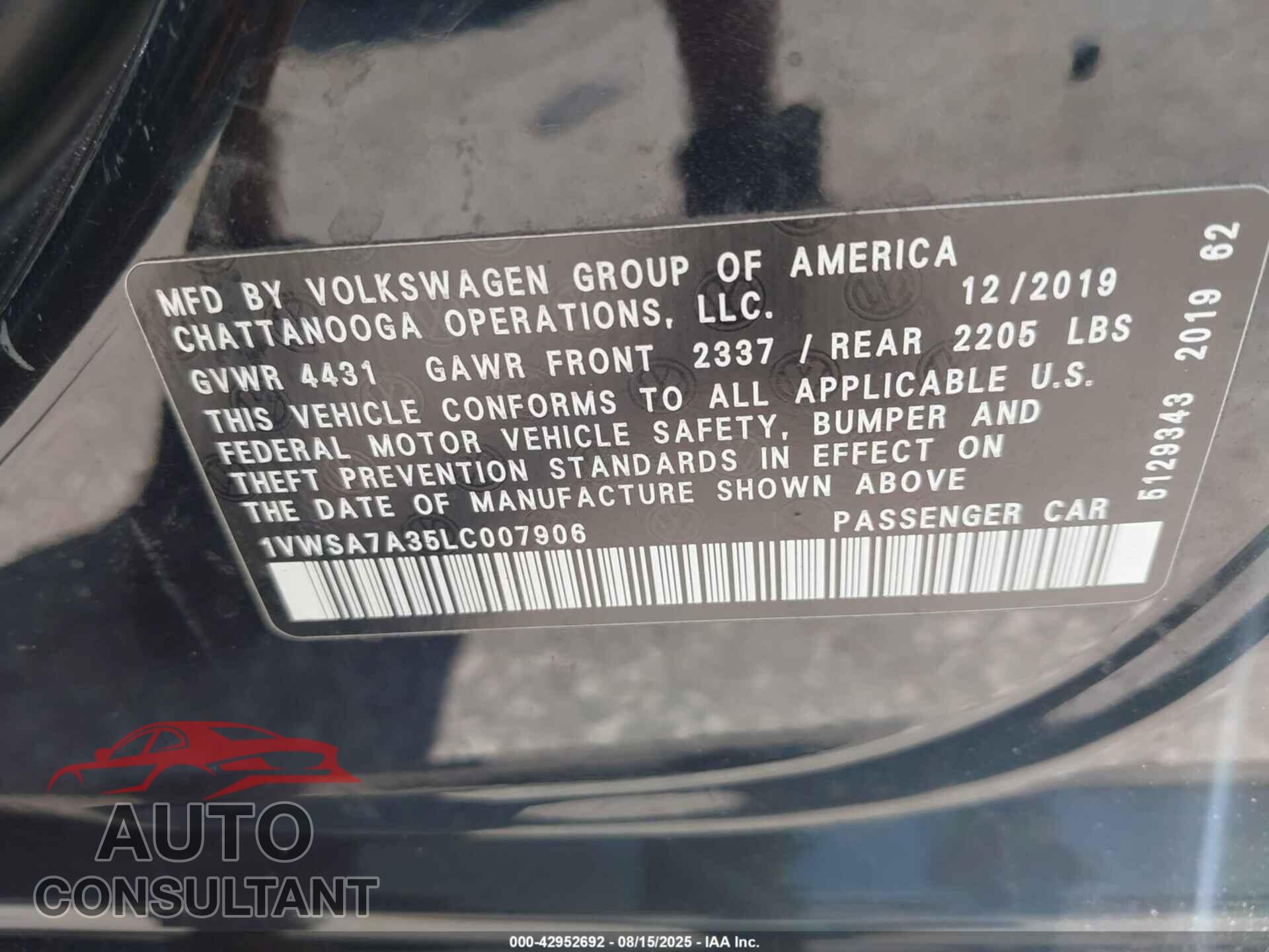 VOLKSWAGEN PASSAT 2020 - 1VWSA7A35LC007906