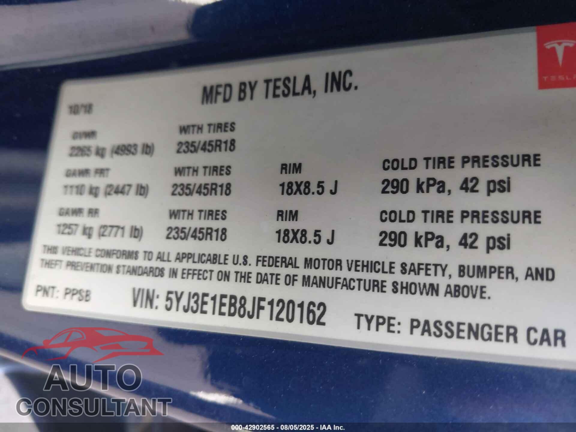 TESLA MODEL 3 2018 - 5YJ3E1EB8JF120162