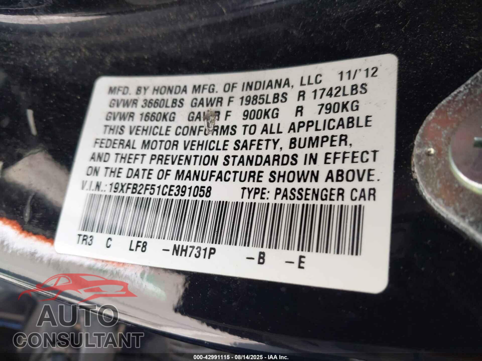 HONDA CIVIC 2012 - 19XFB2F51CE391058