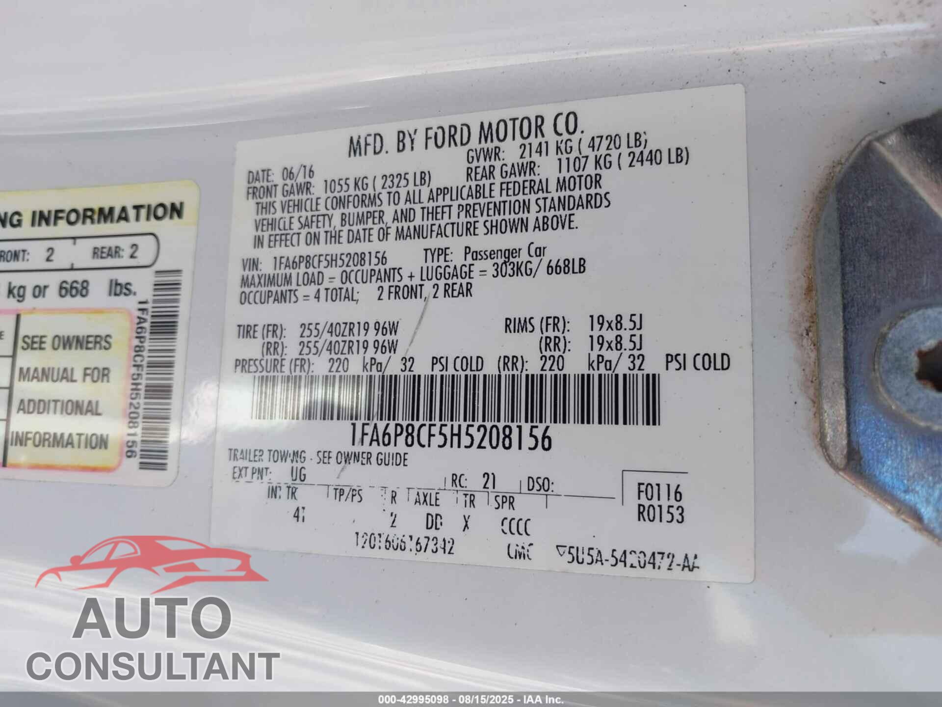 FORD MUSTANG 2017 - 1FA6P8CF5H5208156