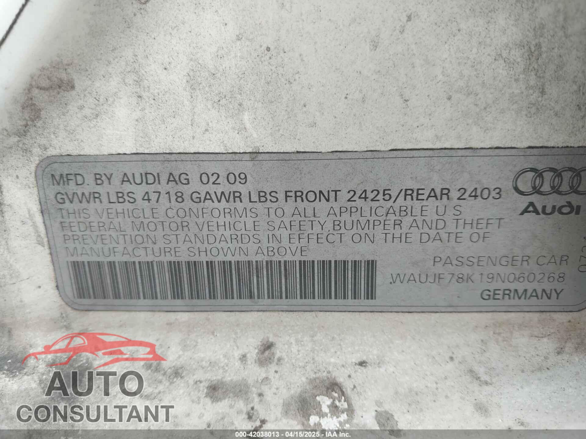 AUDI A4 2009 - WAUJF78K19N060268