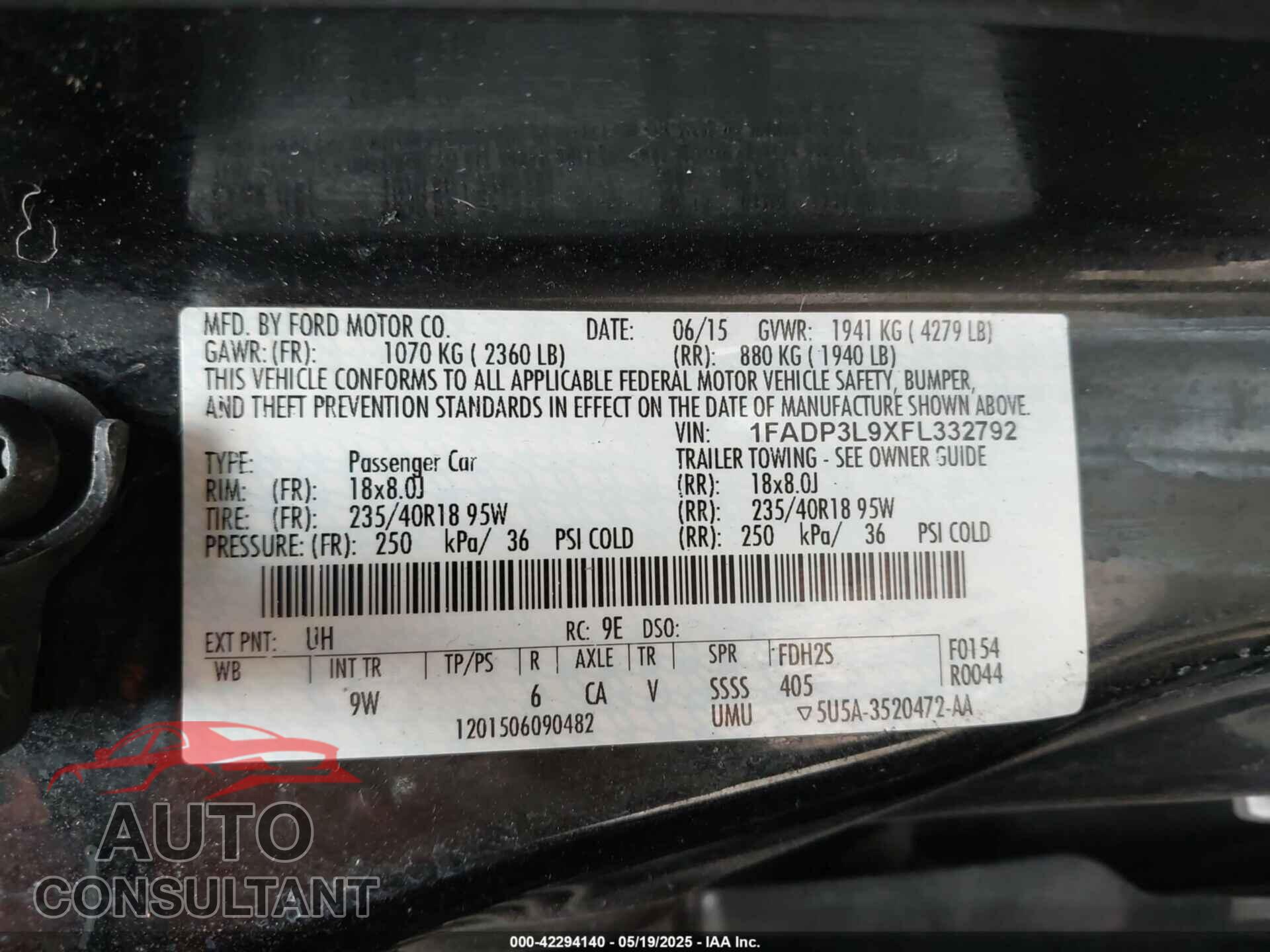 FORD FOCUS 2015 - 1FADP3L9XFL332792