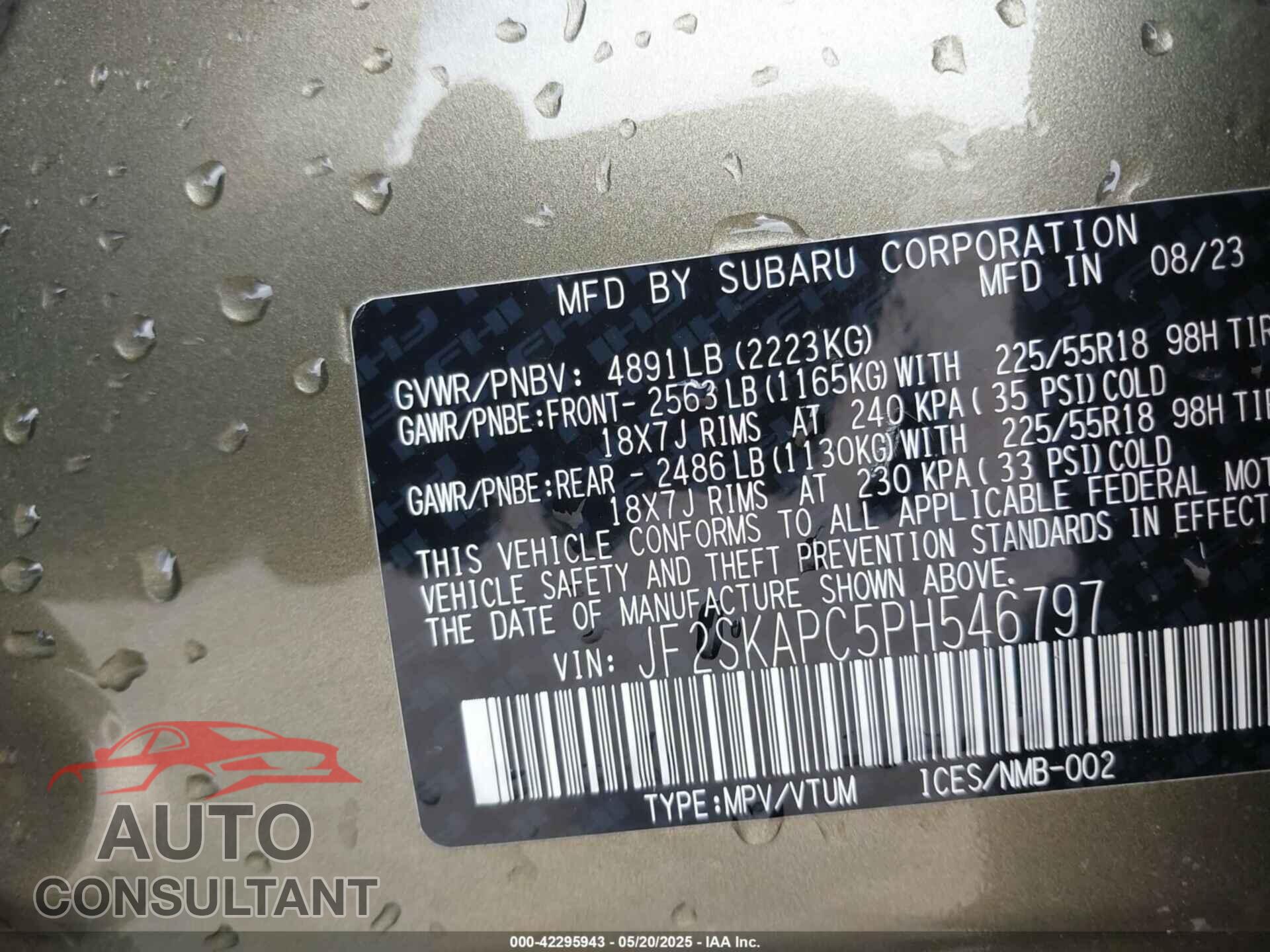 SUBARU FORESTER 2023 - JF2SKAPC5PH546797