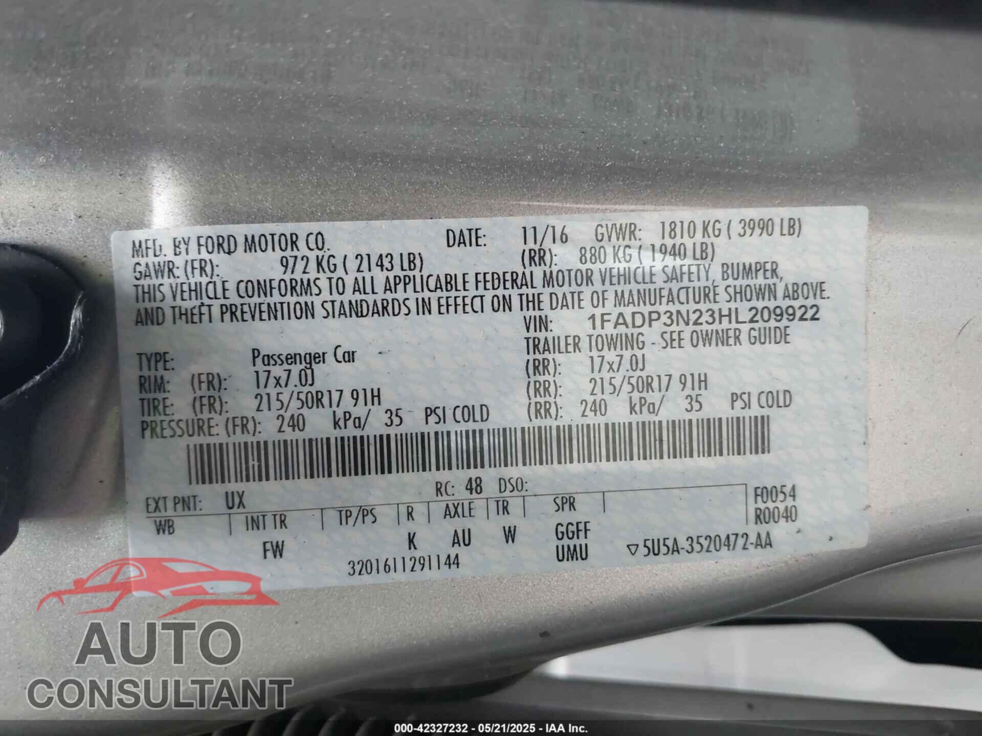FORD FOCUS 2017 - 1FADP3N23HL209922