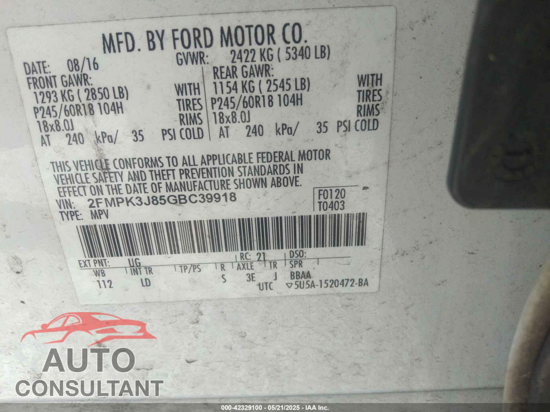 FORD EDGE 2016 - 2FMPK3J85GBC39918