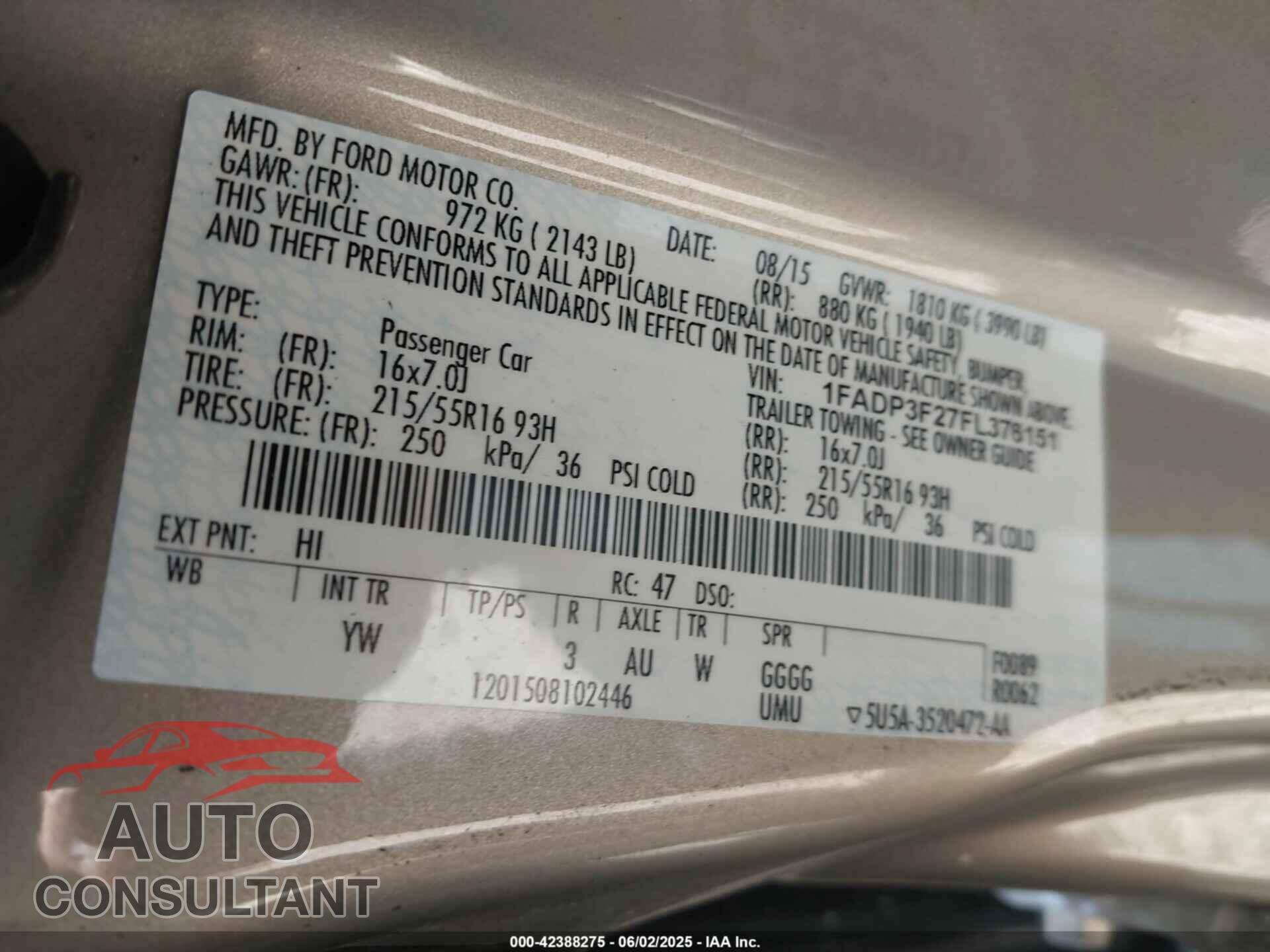 FORD FOCUS 2015 - 1FADP3F27FL376151