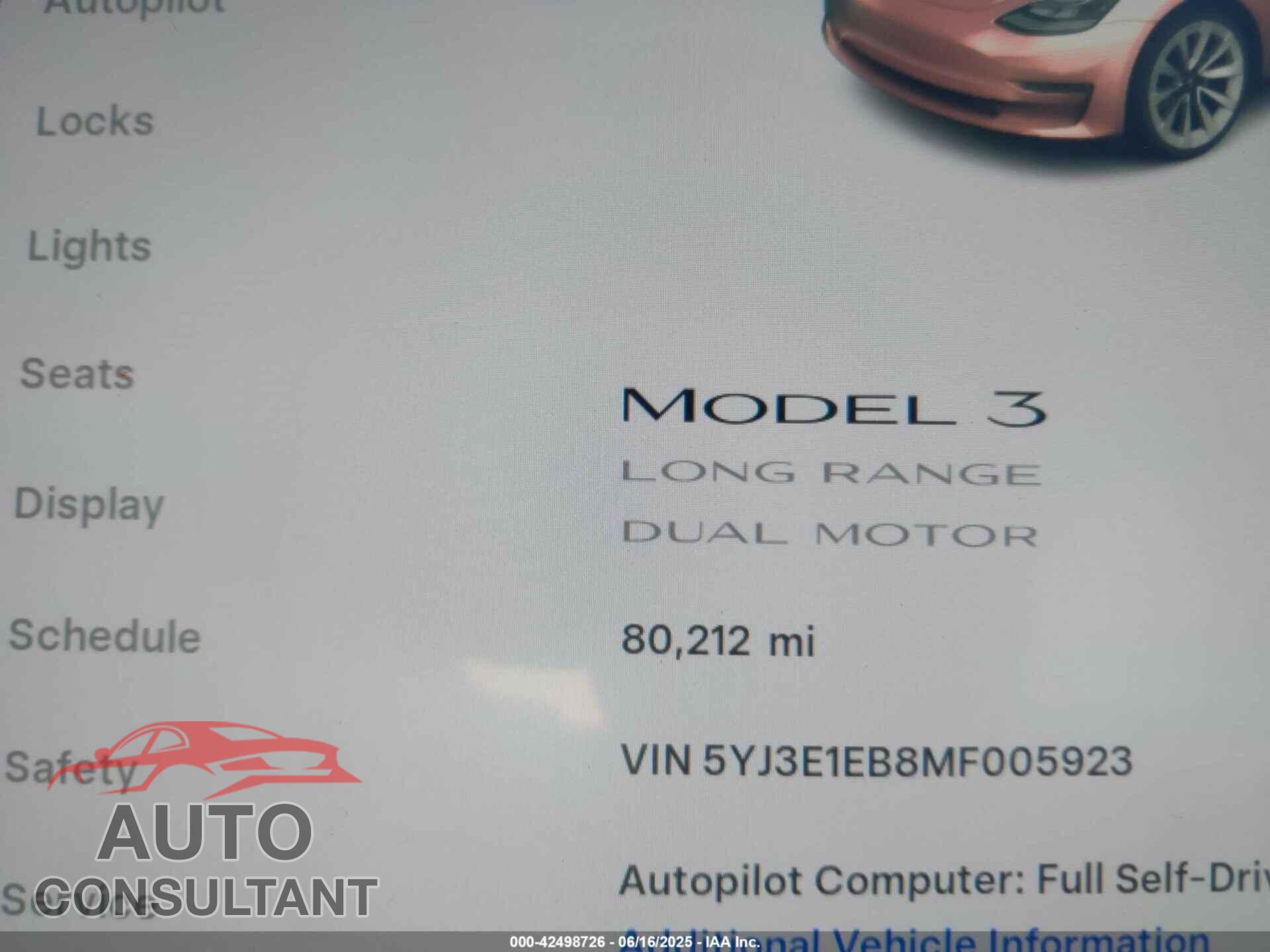TESLA MODEL 3 2021 - 5YJ3E1EB8MF005923