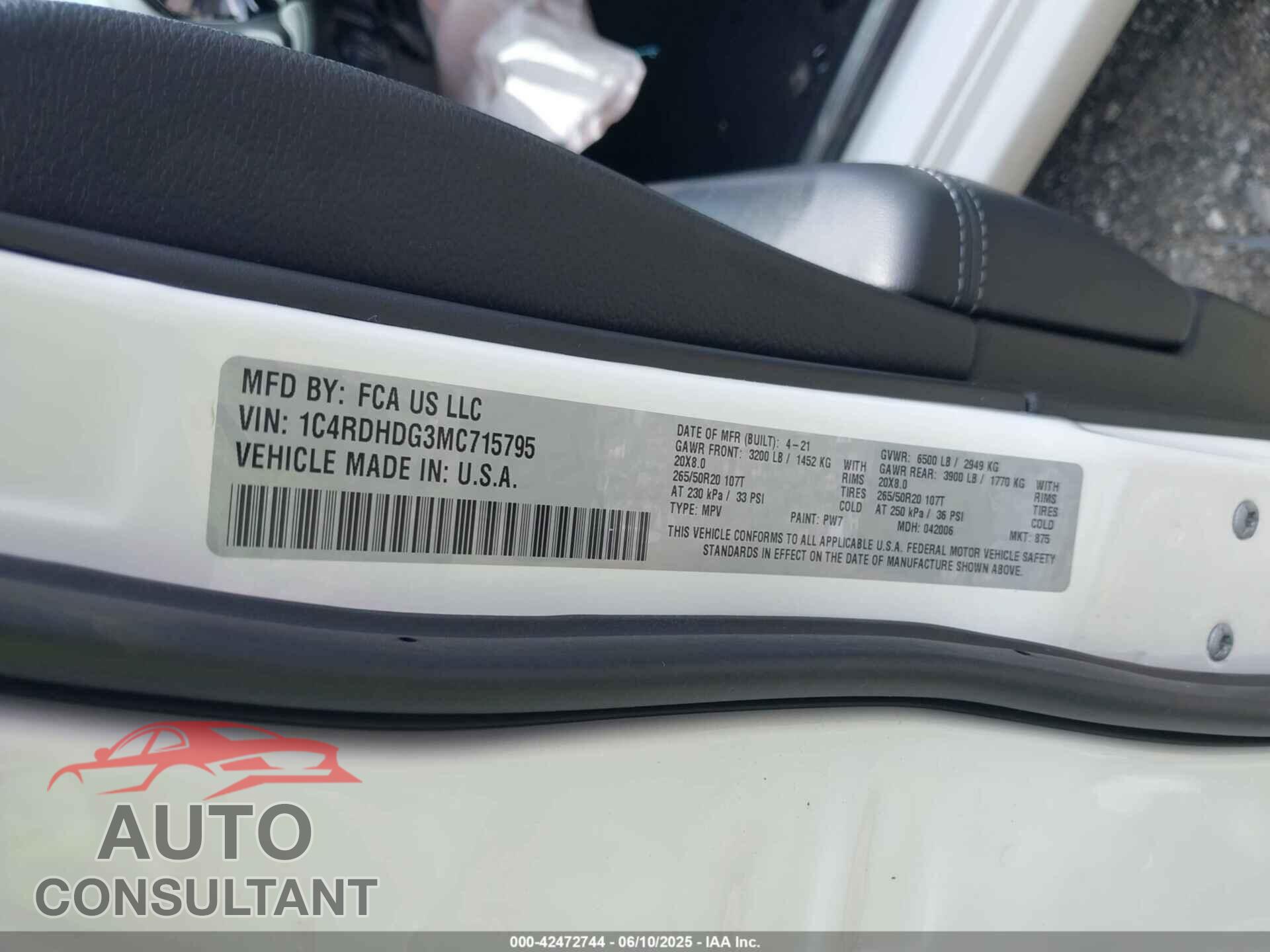 DODGE DURANGO 2021 - 1C4RDHDG3MC715795