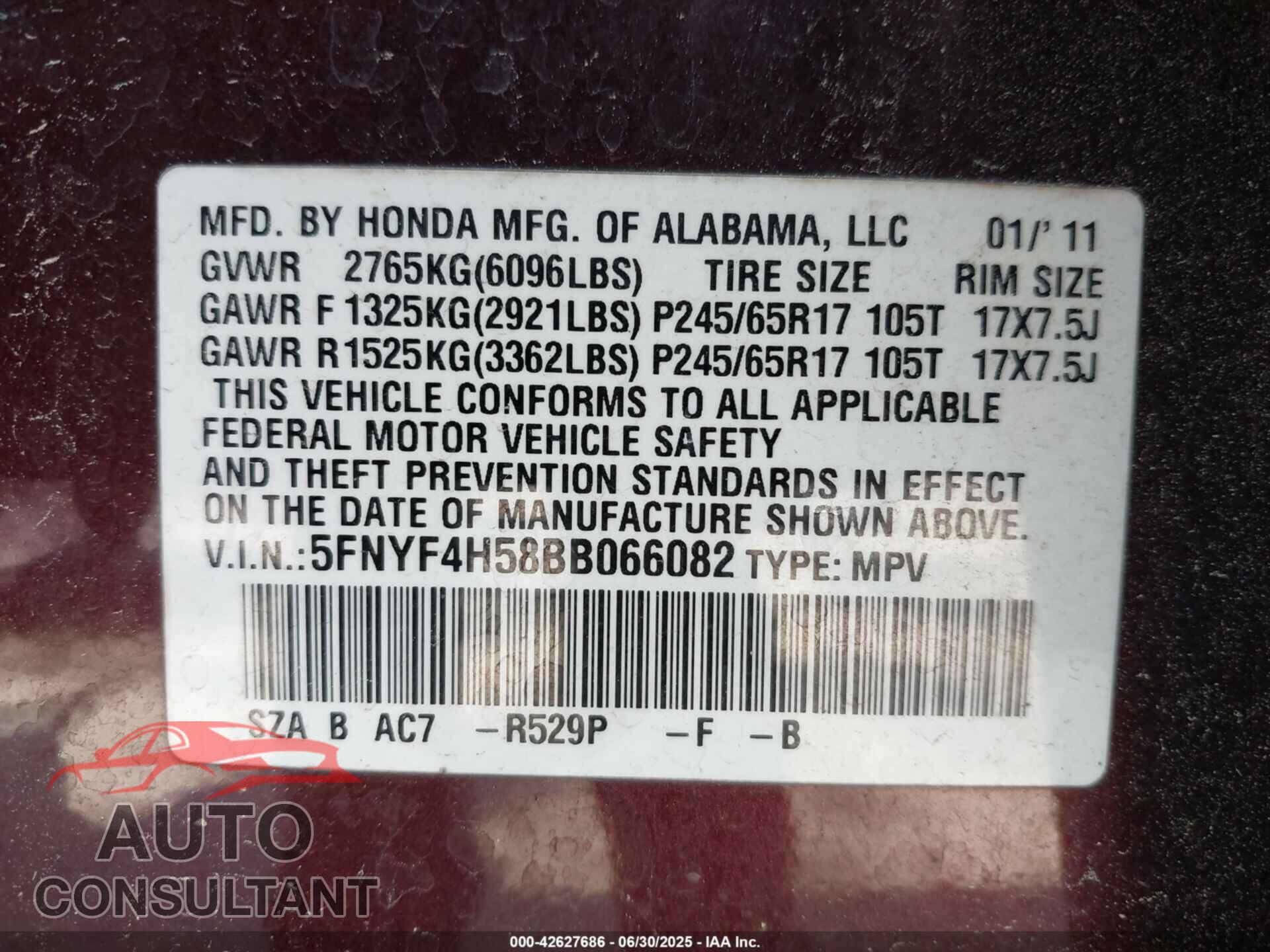 HONDA PILOT 2011 - 5FNYF4H58BB066082