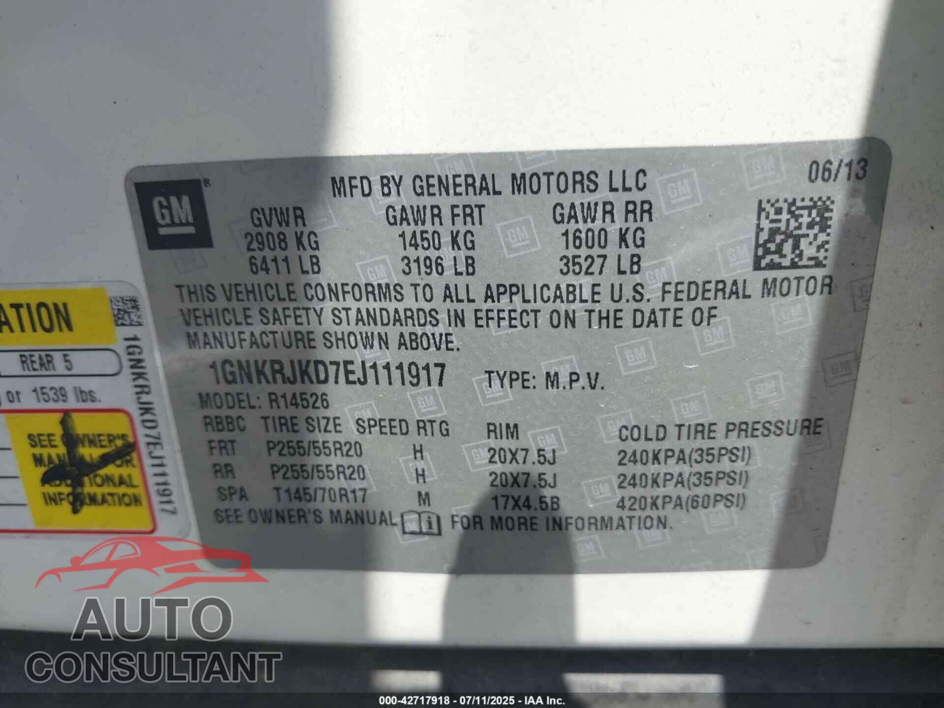 CHEVROLET TRAVERSE 2014 - 1GNKRJKD7EJ111917
