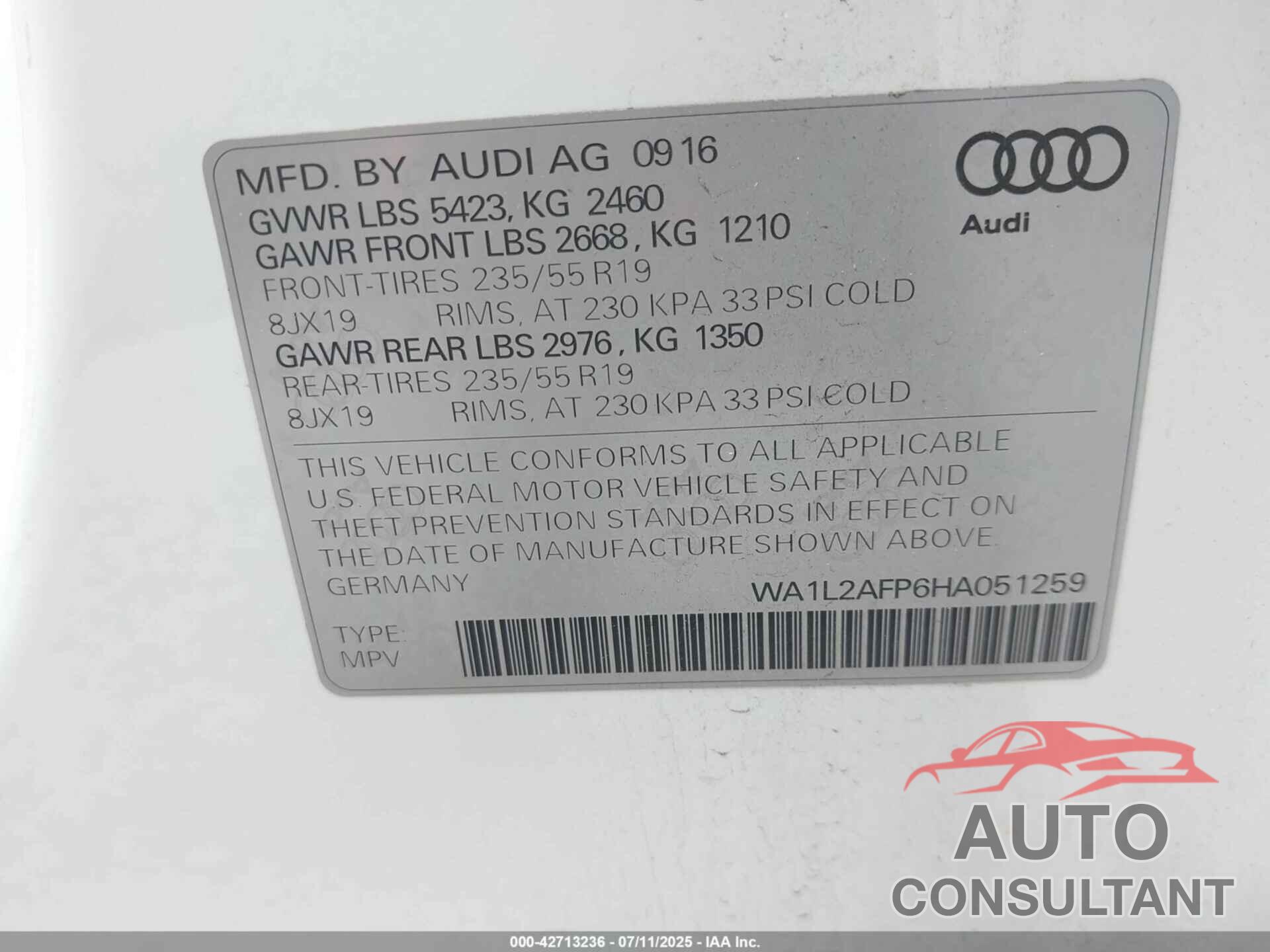 AUDI Q5 2017 - WA1L2AFP6HA051259
